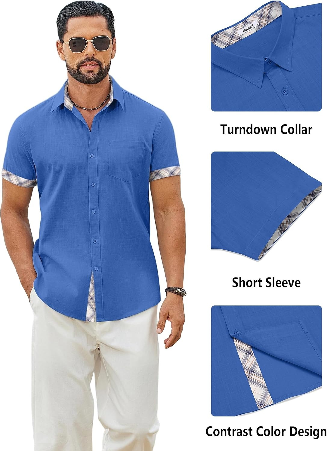 image:imageCOOFANDY Mens Button Down Shirts Short Sleeve Casual Cotton Shirts Summer Beach Wedding Shirt with PocketOcean Blue
