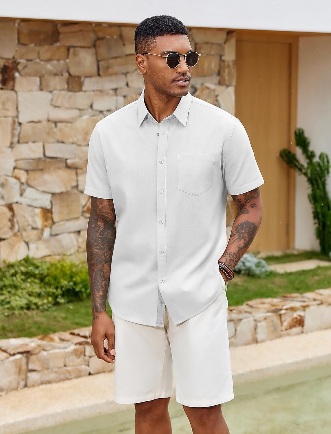 image:imageCOOFANDY Mens Button Down Shirts Short Sleeve Casual Cotton Shirts Summer Beach Wedding Shirt with PocketWhite