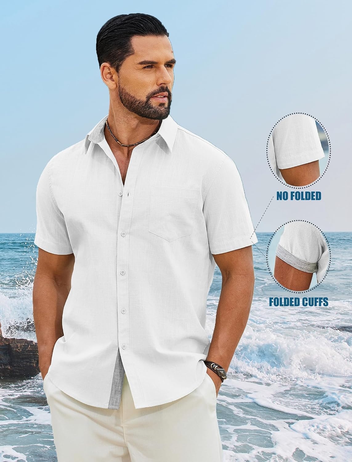 image:imageCOOFANDY Mens Button Down Shirts Short Sleeve Casual Cotton Shirts Summer Beach Wedding Shirt with PocketWhite