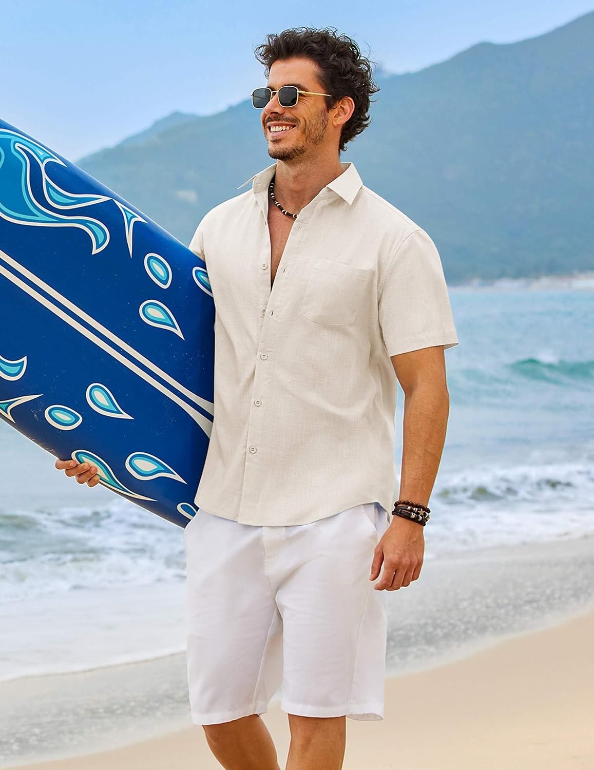 image:imageCOOFANDY Mens Button Down Short Sleeve Shirt Casual Cotton Summer Beach Wedding Linen Shirts with PocketBeige