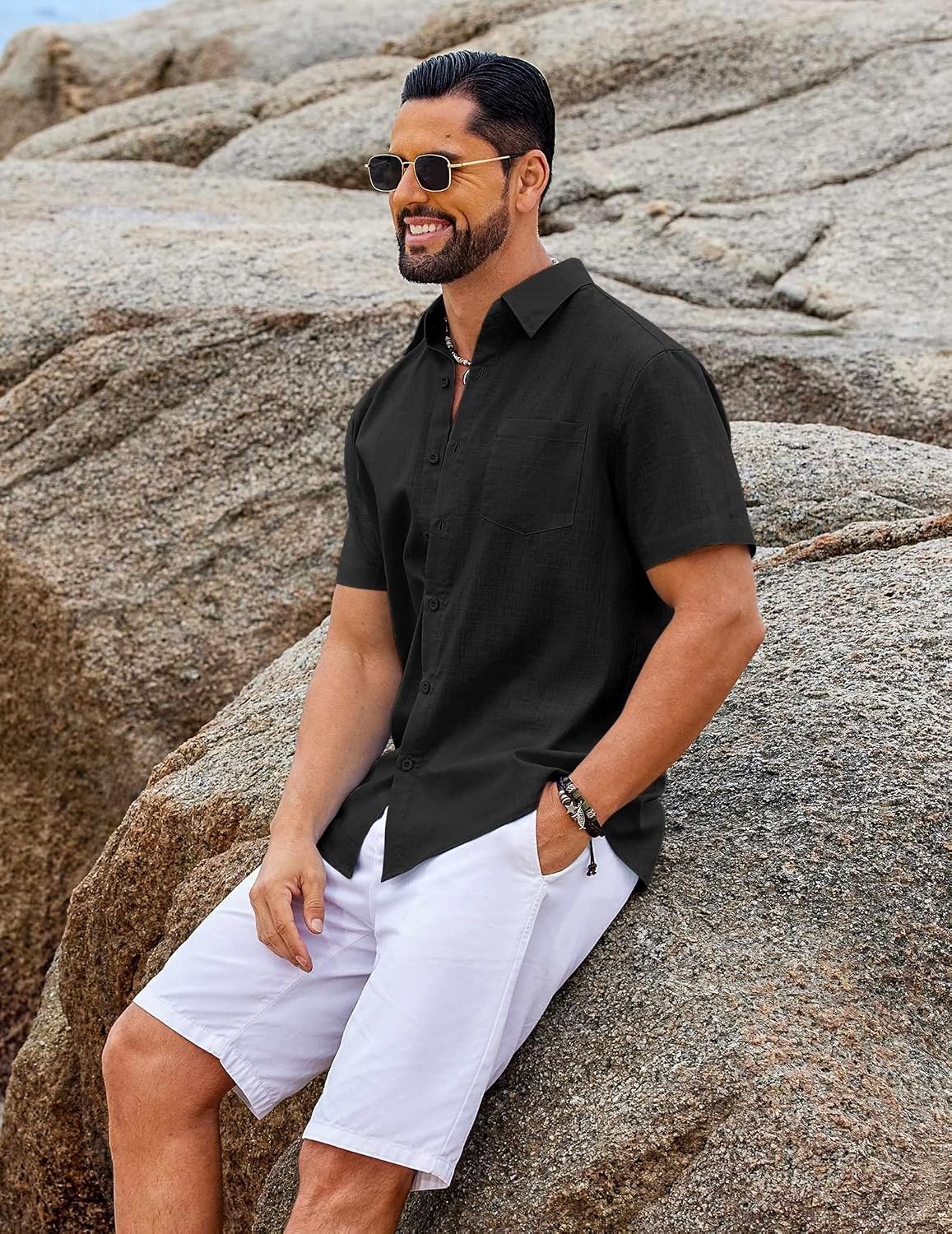 image:imageCOOFANDY Mens Button Down Short Sleeve Shirt Casual Cotton Summer Beach Wedding Linen Shirts with PocketBlack