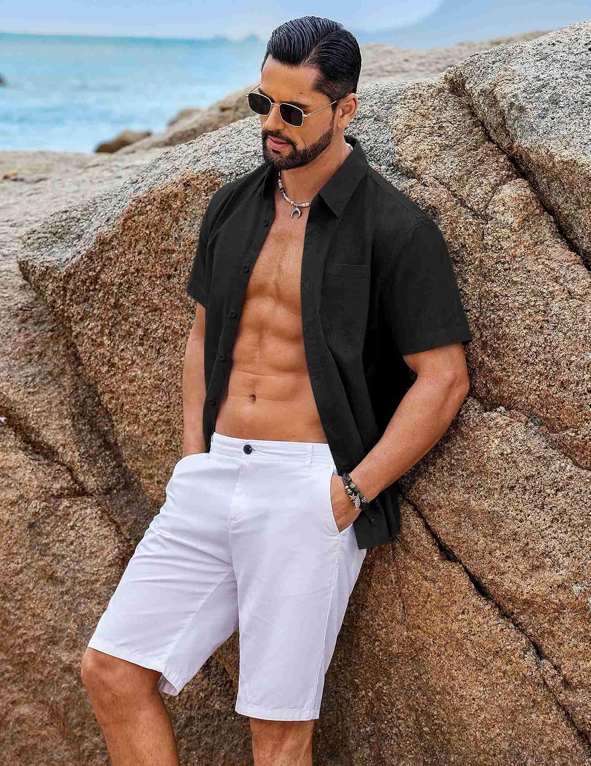 image:imageCOOFANDY Mens Button Down Short Sleeve Shirt Casual Cotton Summer Beach Wedding Linen Shirts with PocketBlack