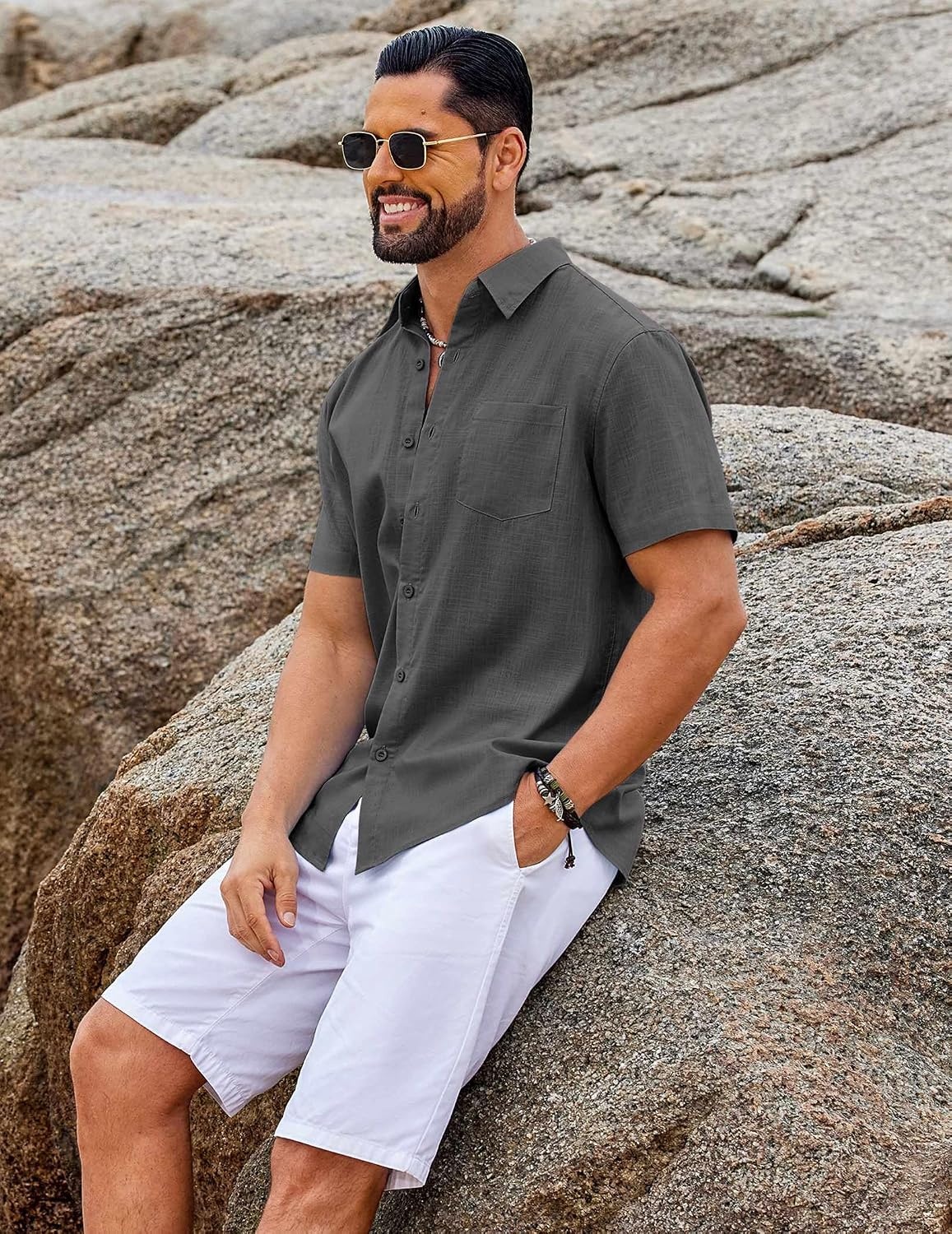image:imageCOOFANDY Mens Button Down Short Sleeve Shirt Casual Cotton Summer Beach Wedding Linen Shirts with PocketDark Grey
