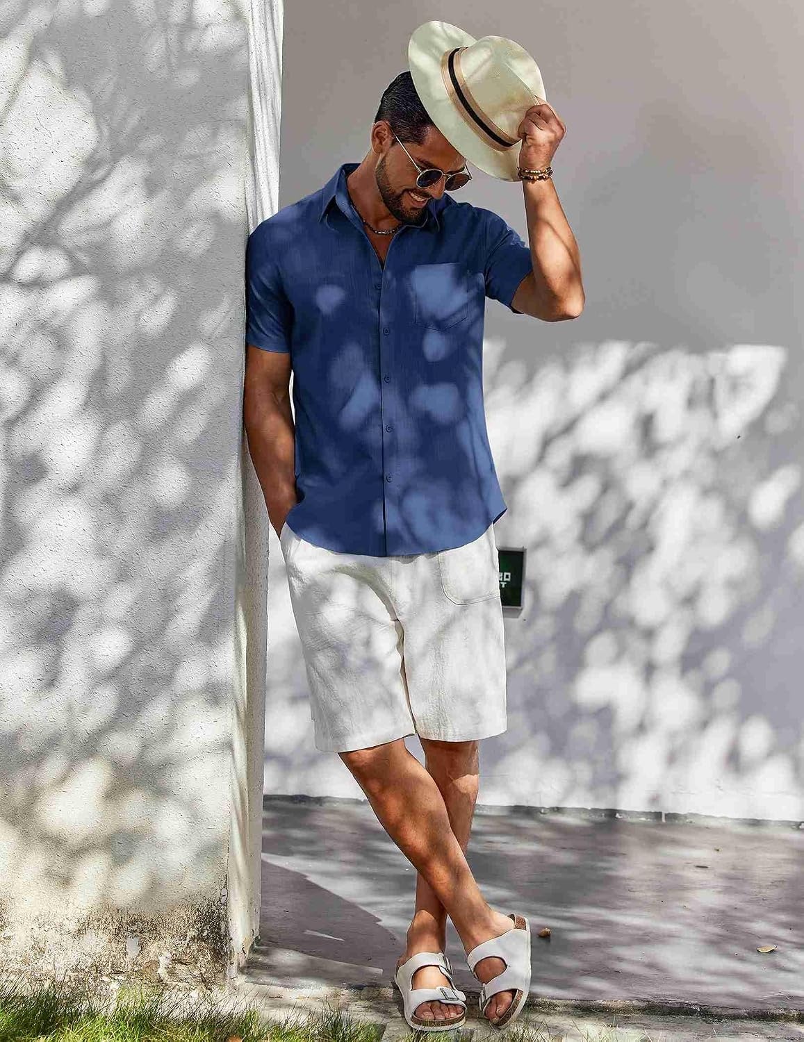 image:imageCOOFANDY Mens Button Down Short Sleeve Shirt Casual Cotton Summer Beach Wedding Linen Shirts with PocketDenim Blue
