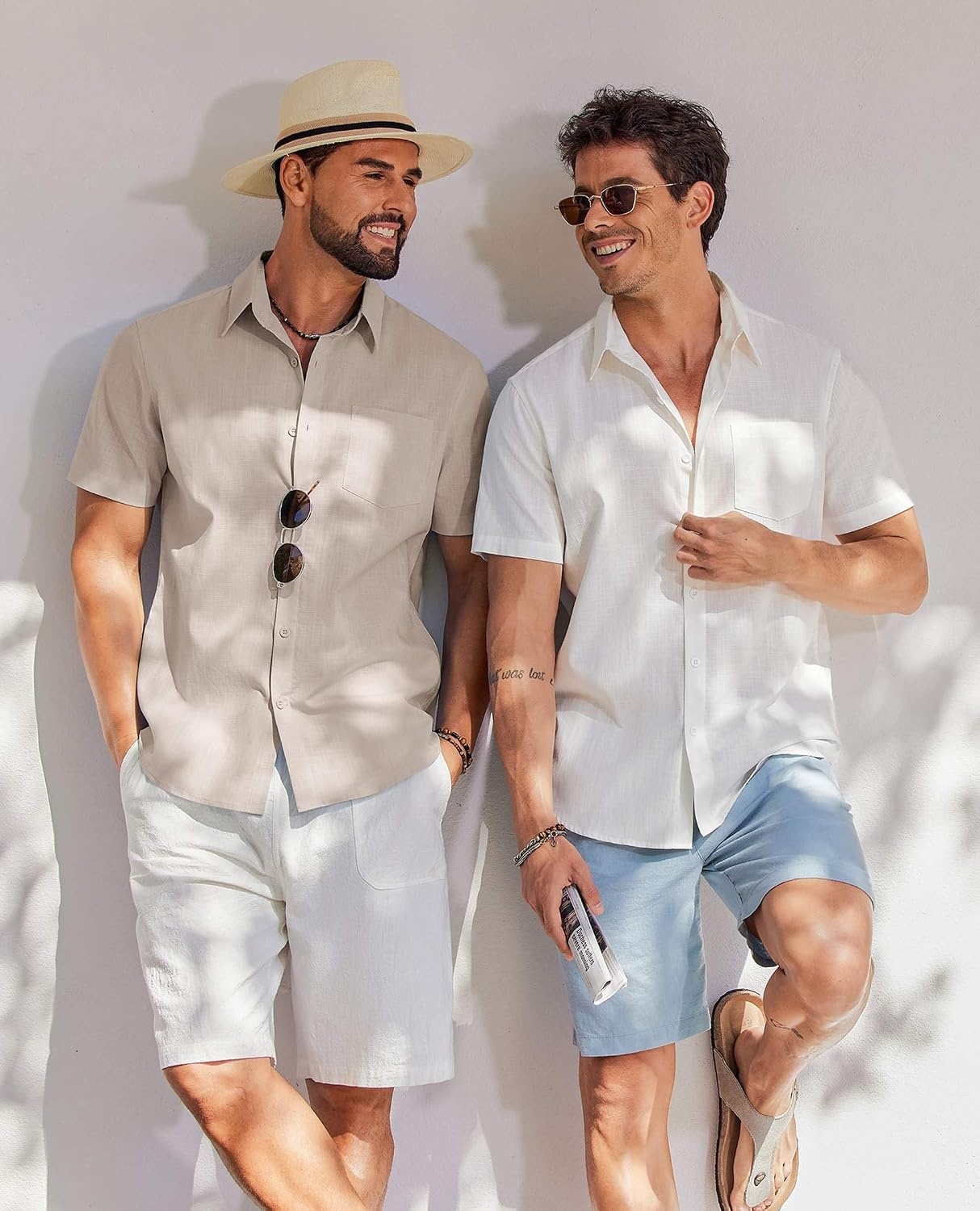 image:imageCOOFANDY Mens Button Down Short Sleeve Shirt Casual Cotton Summer Beach Wedding Linen Shirts with PocketKhaki