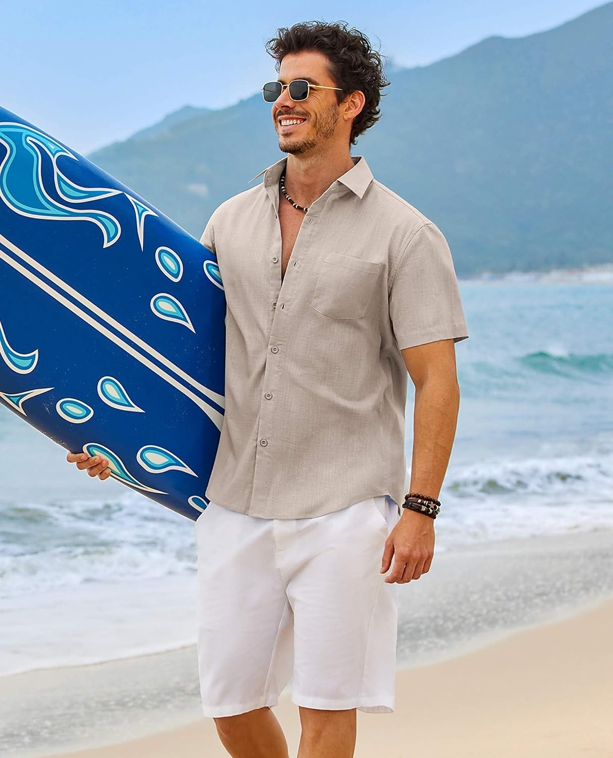 image:imageCOOFANDY Mens Button Down Short Sleeve Shirt Casual Cotton Summer Beach Wedding Linen Shirts with PocketKhaki