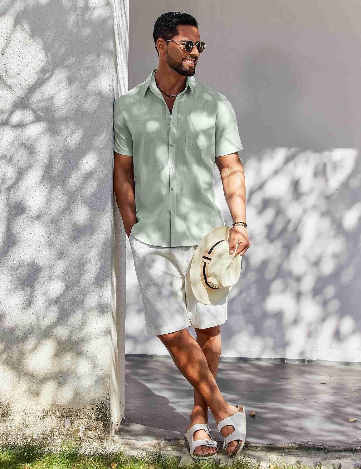 image:imageCOOFANDY Mens Button Down Short Sleeve Shirt Casual Cotton Summer Beach Wedding Linen Shirts with PocketLight Green