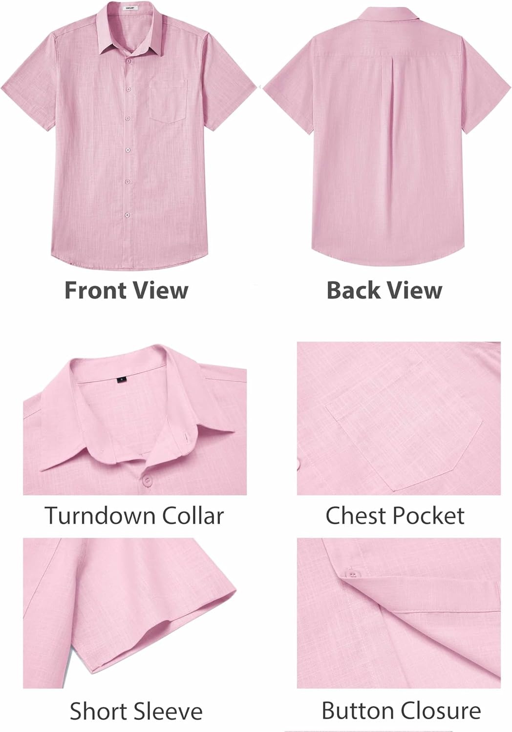 image:imageCOOFANDY Mens Button Down Short Sleeve Shirt Casual Cotton Summer Beach Wedding Linen Shirts with PocketLight Pink