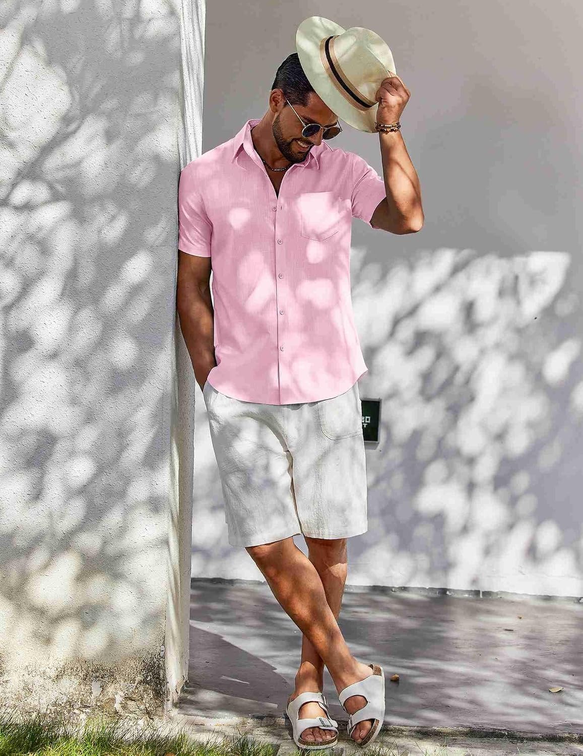 image:imageCOOFANDY Mens Button Down Short Sleeve Shirt Casual Cotton Summer Beach Wedding Linen Shirts with PocketLight Pink