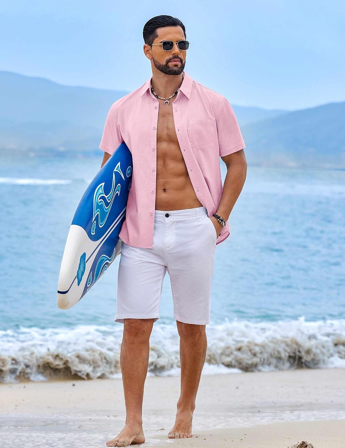 image:imageCOOFANDY Mens Button Down Short Sleeve Shirt Casual Cotton Summer Beach Wedding Linen Shirts with PocketLight Pink