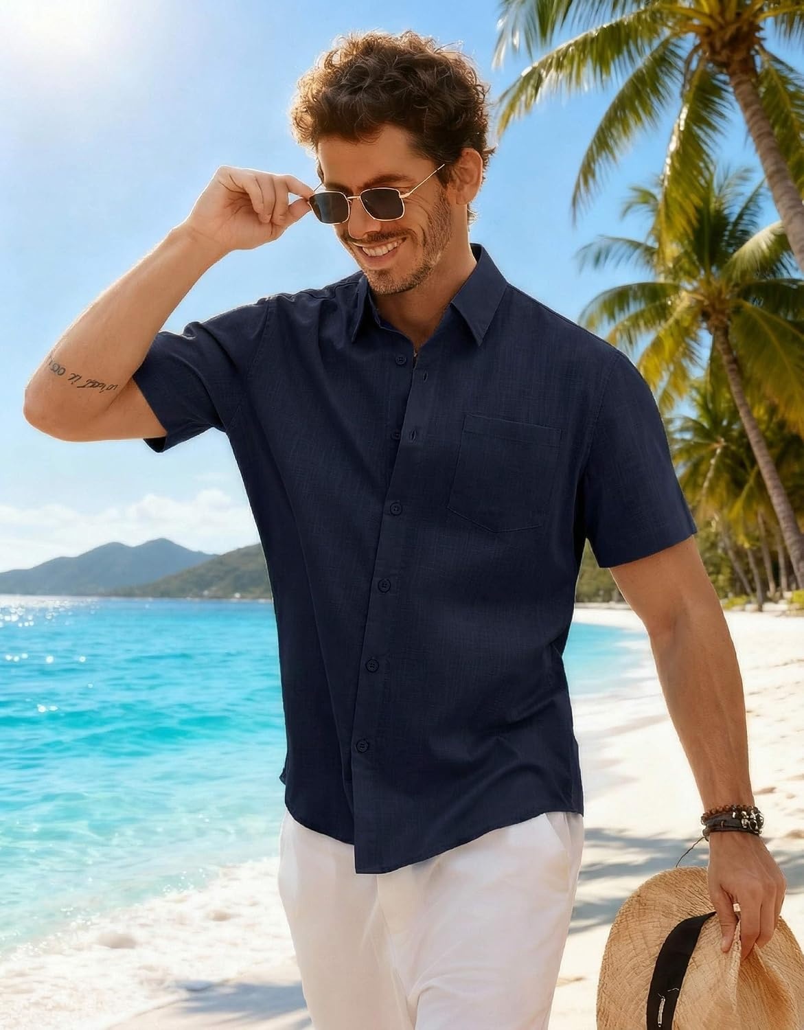 image:imageCOOFANDY Mens Button Down Short Sleeve Shirt Casual Cotton Summer Beach Wedding Linen Shirts with PocketNavy Blue