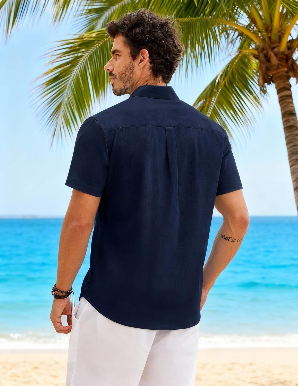 image:imageCOOFANDY Mens Button Down Short Sleeve Shirt Casual Cotton Summer Beach Wedding Linen Shirts with PocketNavy Blue