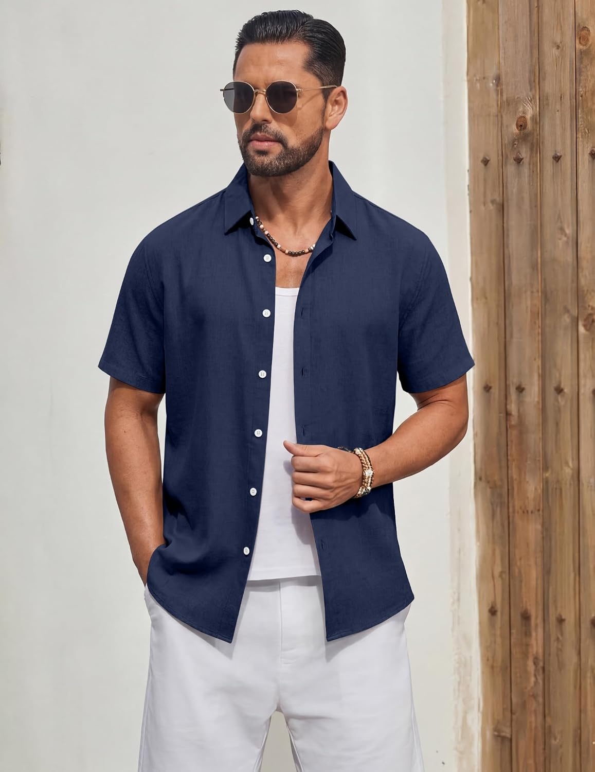 image:imageCOOFANDY Mens Casual Button Down Shirt Short Sleeve Lightweight Summer Beach Shirts Textured Linen ShirtNavy Blue