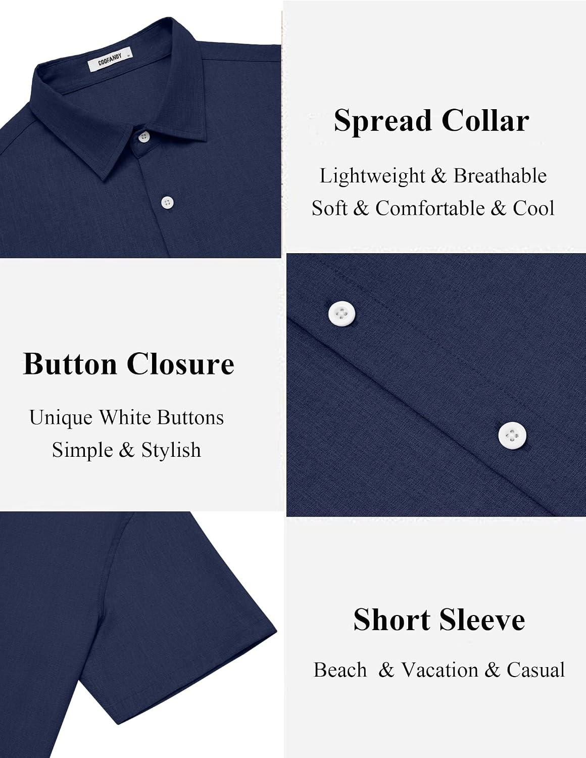 image:imageCOOFANDY Mens Casual Button Down Shirt Short Sleeve Lightweight Summer Beach Shirts Textured Linen ShirtNavy Blue