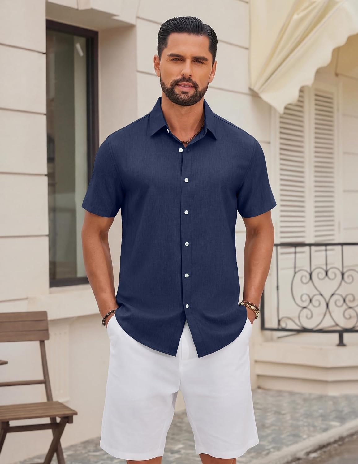 image:imageCOOFANDY Mens Casual Button Down Shirt Short Sleeve Lightweight Summer Beach Shirts Textured Linen ShirtNavy Blue