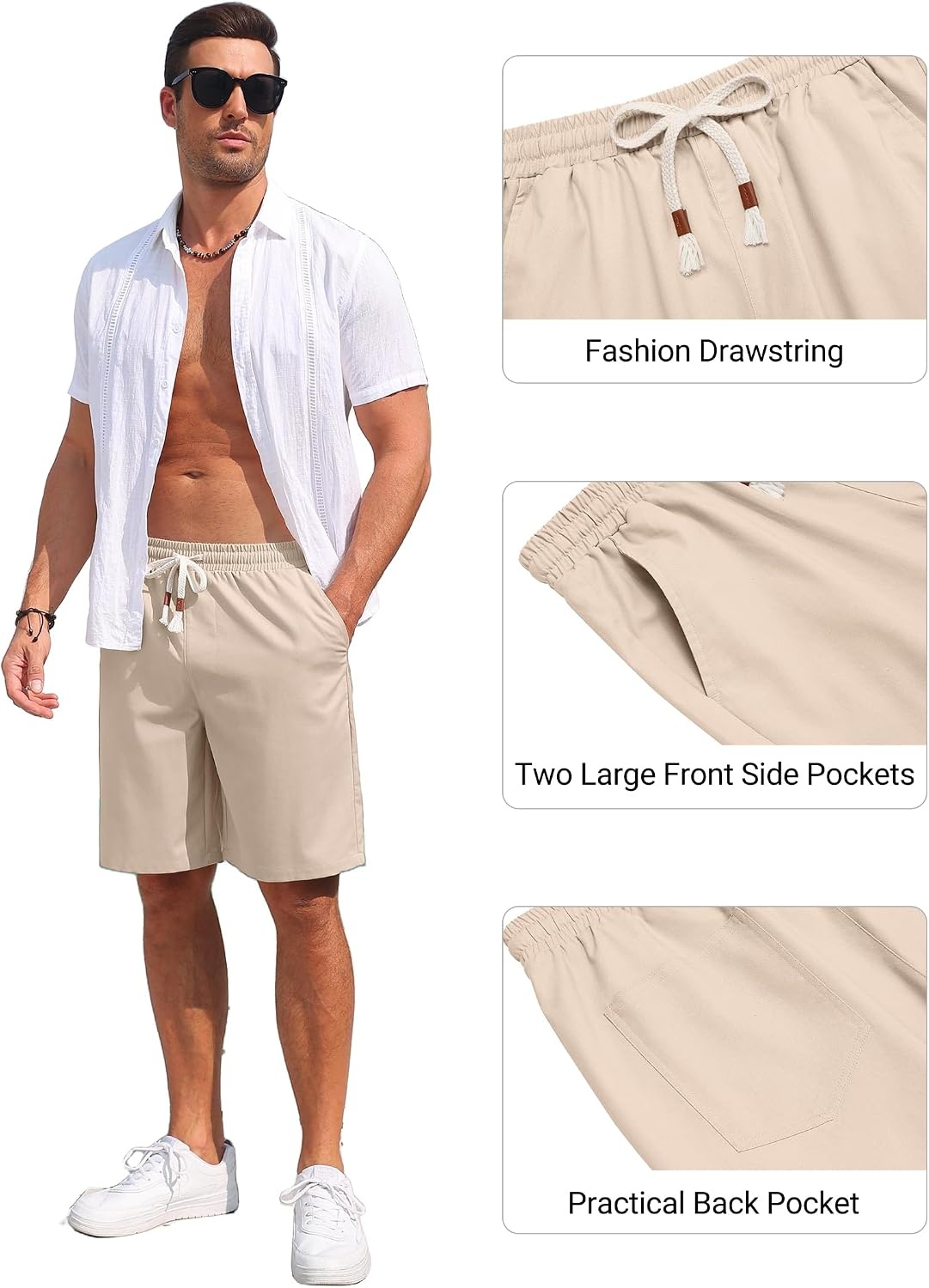 image:imageCOOFANDY Mens Casual Cotton Linen Shorts Elastic Waist Drawstring Shorts Summer Beach VacationBeige
