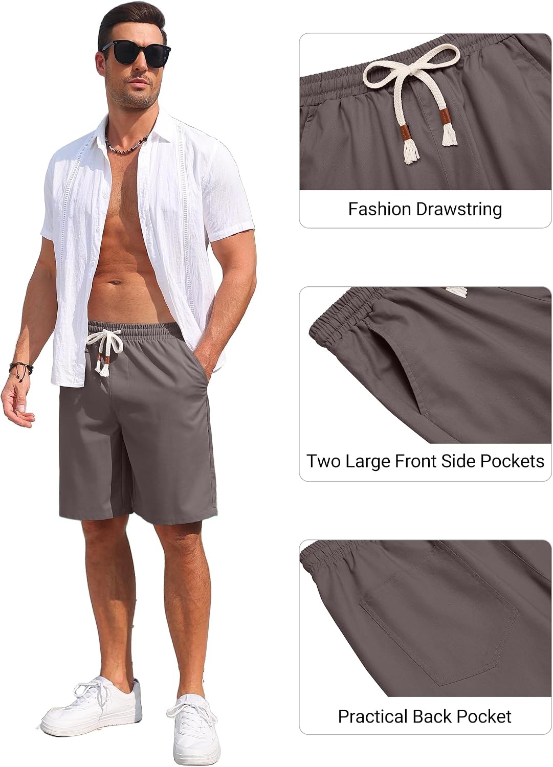 image:imageCOOFANDY Mens Casual Cotton Linen Shorts Elastic Waist Drawstring Shorts Summer Beach VacationDark Grey