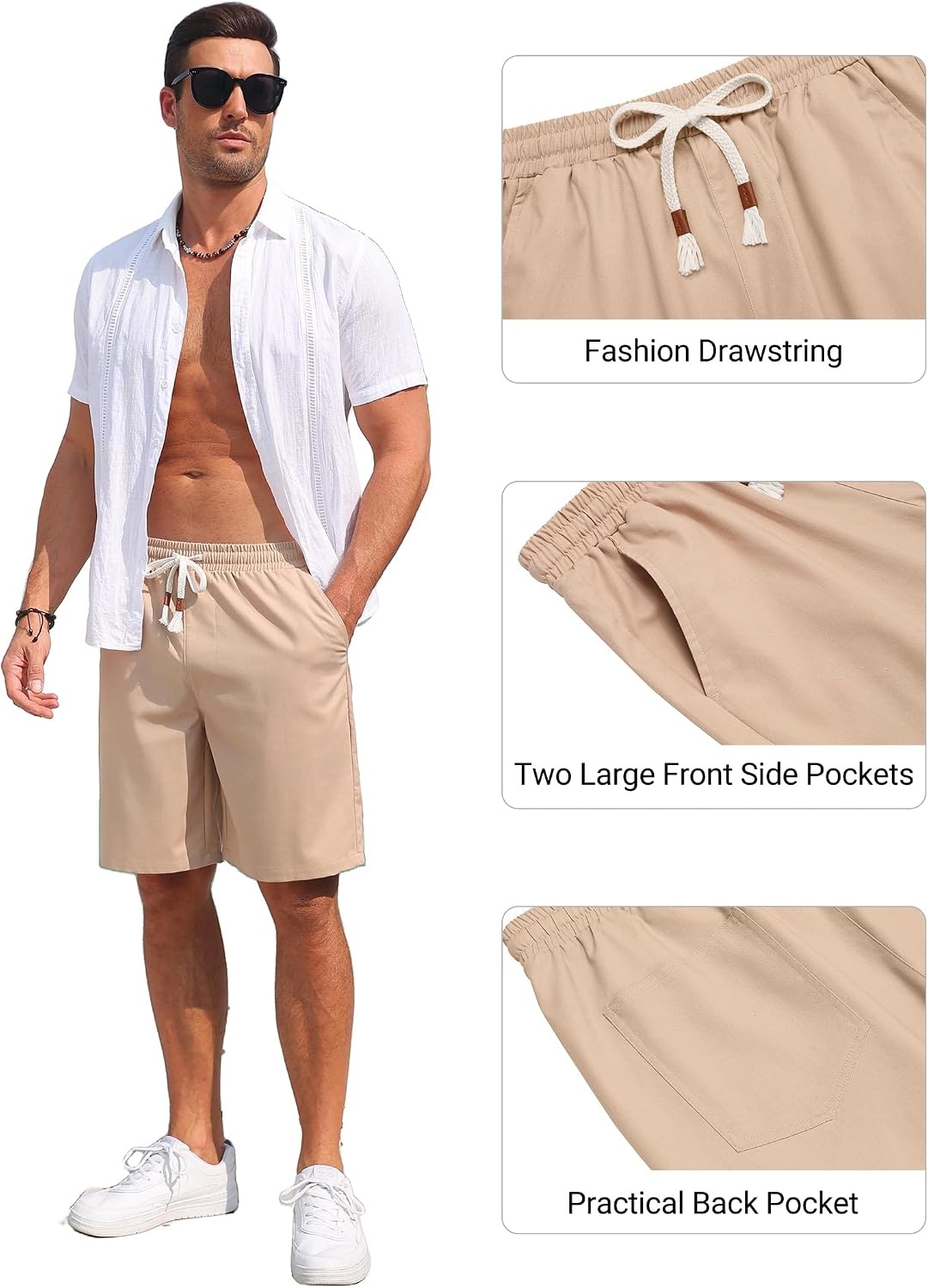 image:imageCOOFANDY Mens Casual Cotton Linen Shorts Elastic Waist Drawstring Shorts Summer Beach VacationDark Khaki