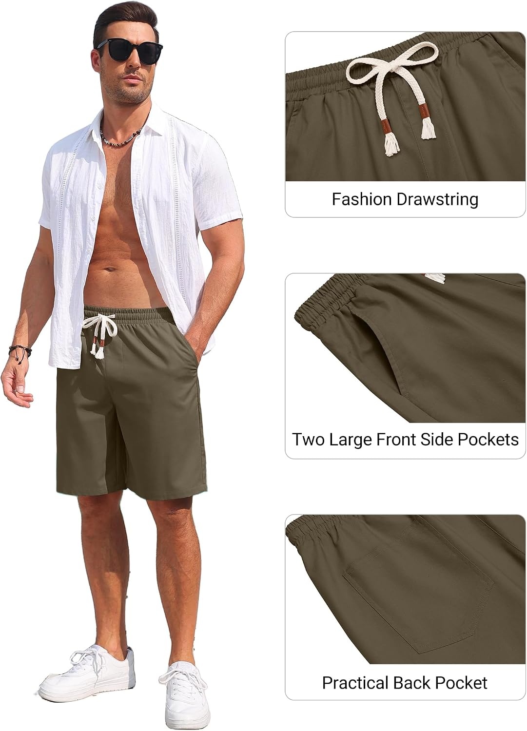image:imageCOOFANDY Mens Casual Cotton Linen Shorts Elastic Waist Drawstring Shorts Summer Beach VacationOlive Green