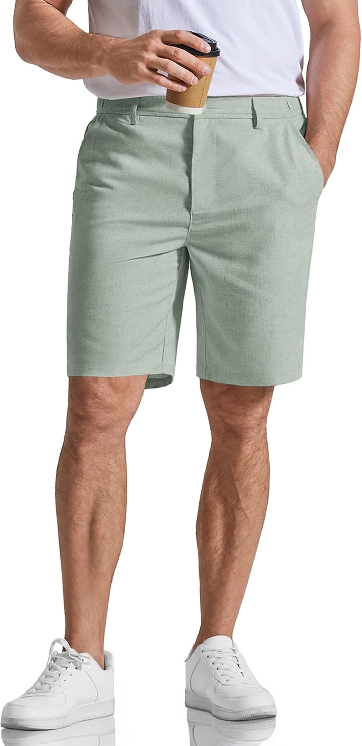 image:imageCOOFANDY Mens Casual Shorts 9 Flat Front Elastic Waist Linen Dress Shorts Lightweight Summer Outfits with PocketsSage Green