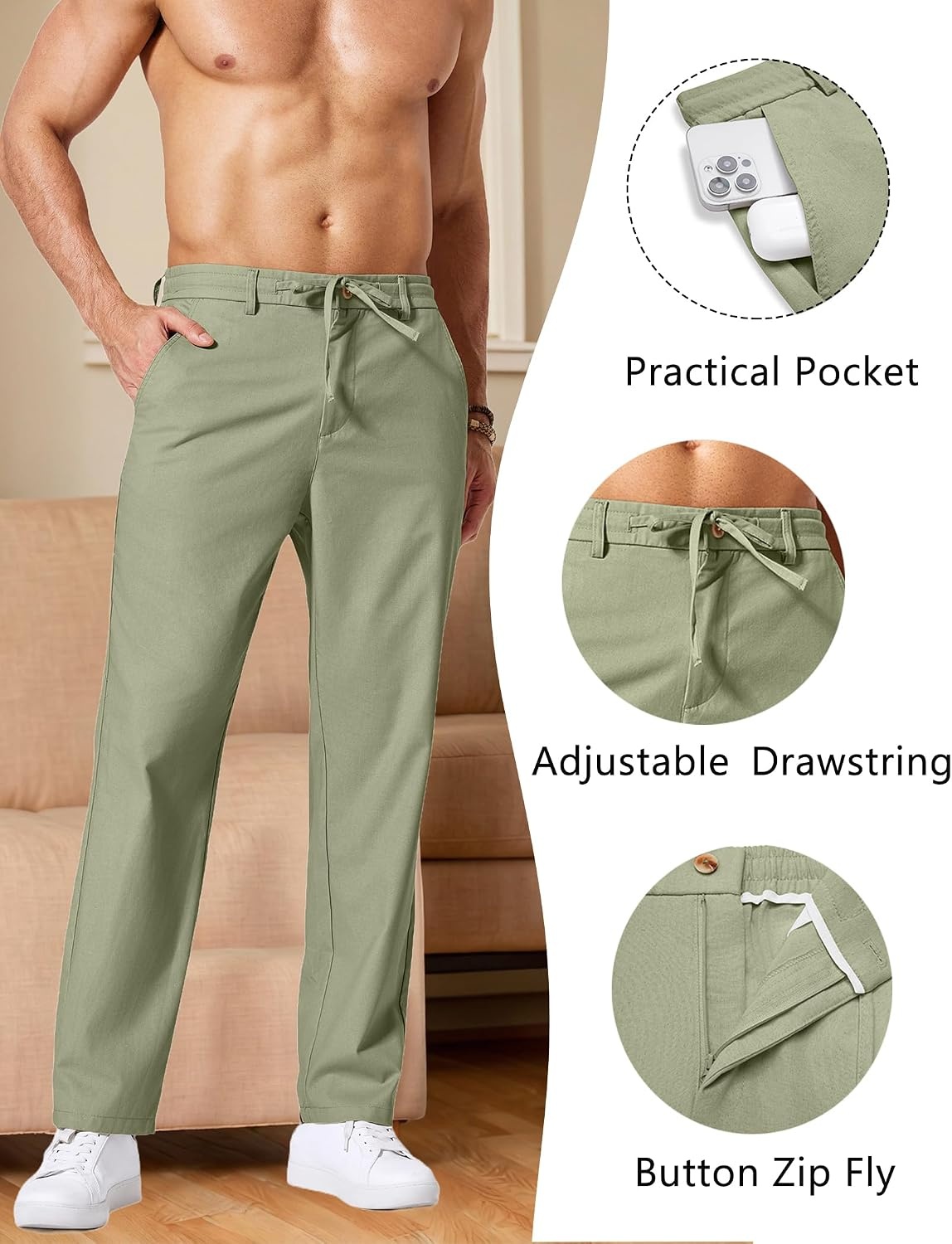 image:imageCOOFANDY Mens Cotton Linen Pants Relaxed Fit Casual Drawstring Dress Pants Beach Summer Lightweight TrousersArtichoke Green