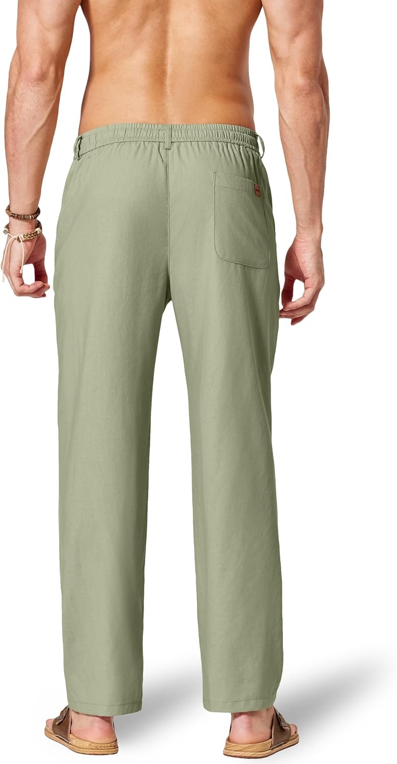 image:imageCOOFANDY Mens Cotton Linen Pants Relaxed Fit Casual Drawstring Dress Pants Beach Summer Lightweight TrousersArtichoke Green