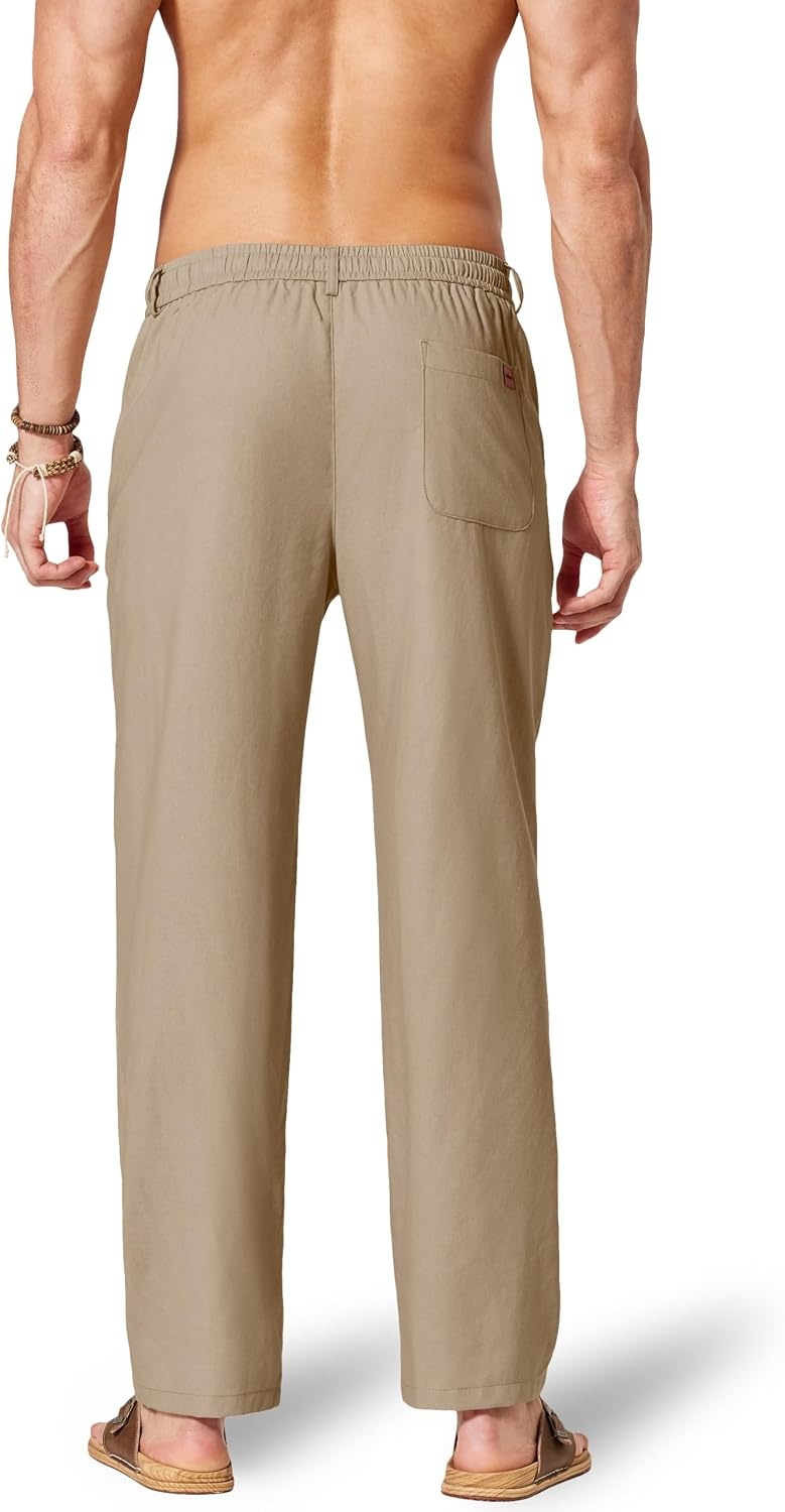 image:imageCOOFANDY Mens Cotton Linen Pants Relaxed Fit Casual Drawstring Dress Pants Beach Summer Lightweight TrousersDark Khaki
