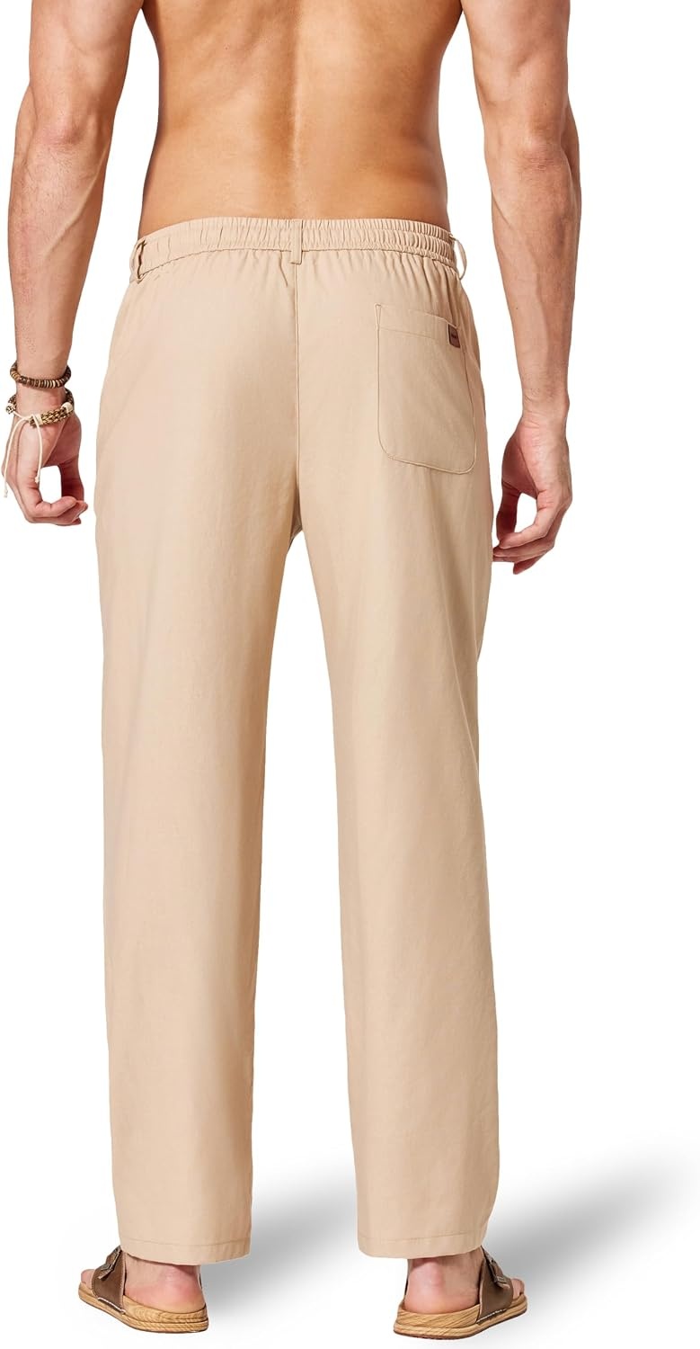 image:imageCOOFANDY Mens Cotton Linen Pants Relaxed Fit Casual Drawstring Dress Pants Beach Summer Lightweight TrousersKhaki