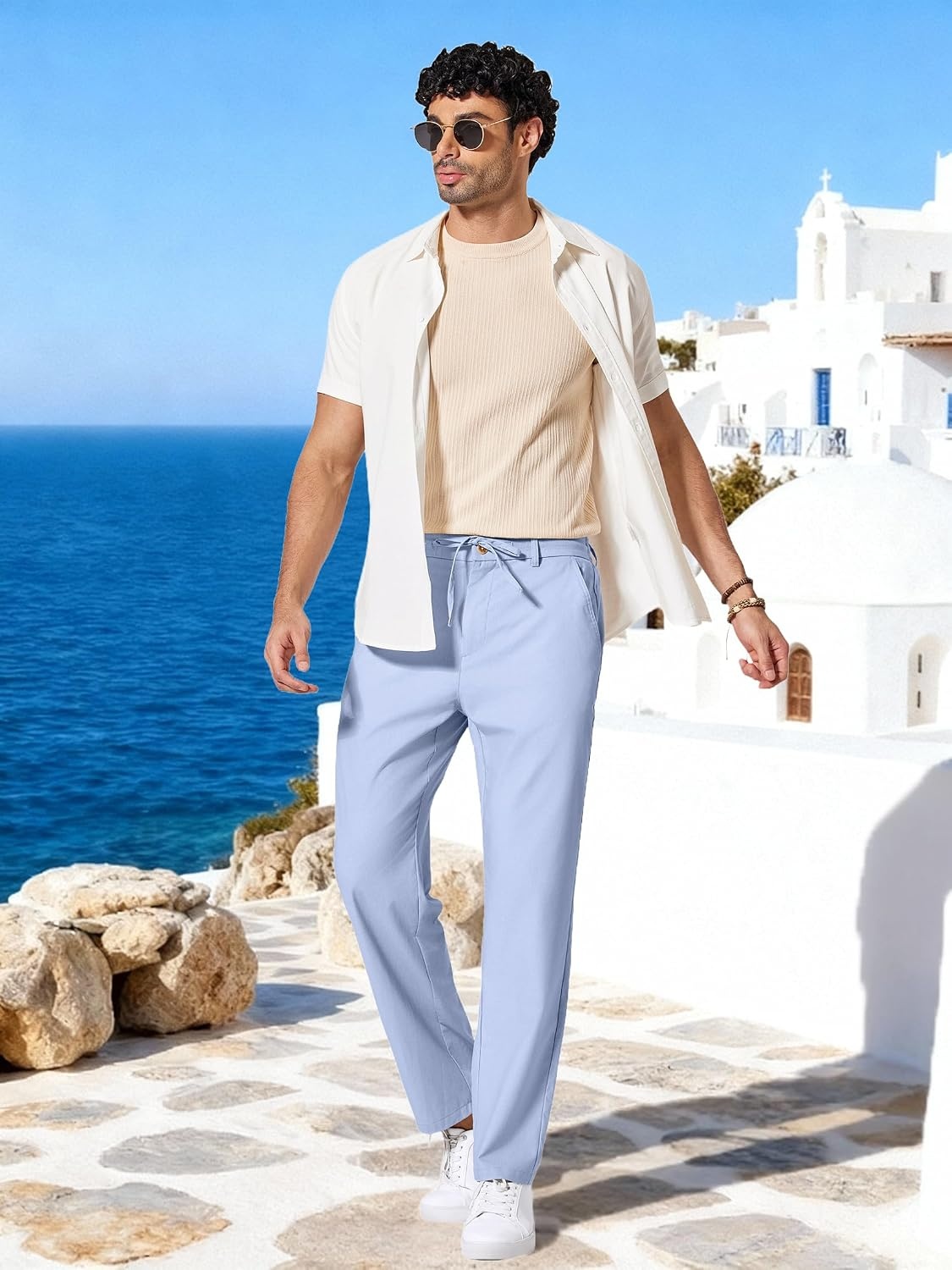 image:imageCOOFANDY Mens Cotton Linen Pants Relaxed Fit Casual Drawstring Dress Pants Beach Summer Lightweight TrousersLight Blue