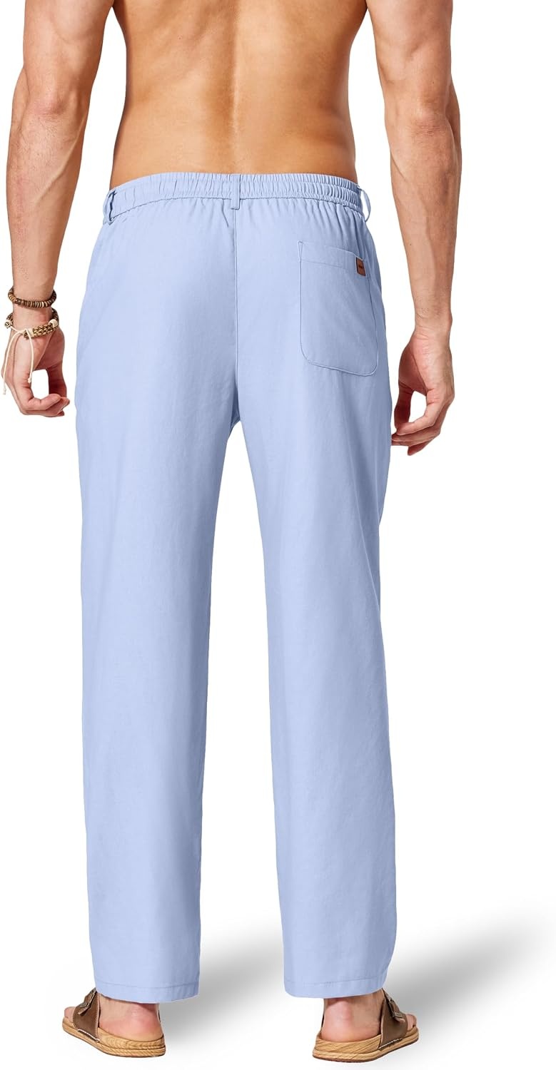 image:imageCOOFANDY Mens Cotton Linen Pants Relaxed Fit Casual Drawstring Dress Pants Beach Summer Lightweight TrousersLight Blue