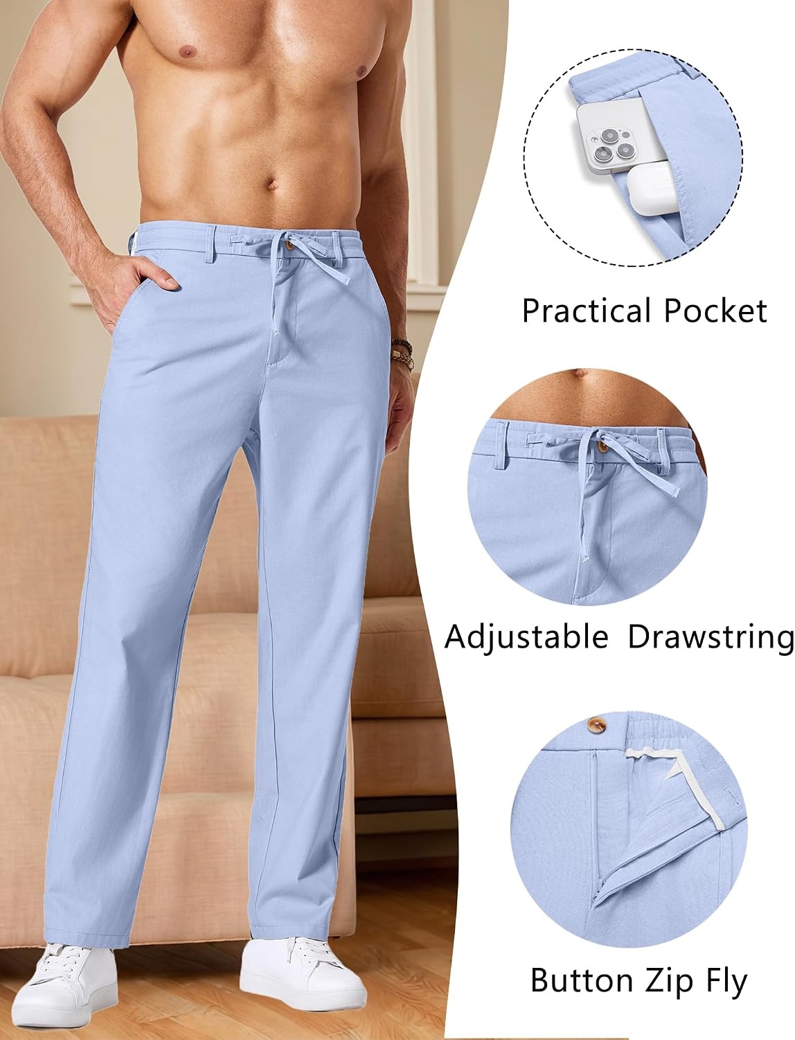 image:imageCOOFANDY Mens Cotton Linen Pants Relaxed Fit Casual Drawstring Dress Pants Beach Summer Lightweight TrousersLight Blue