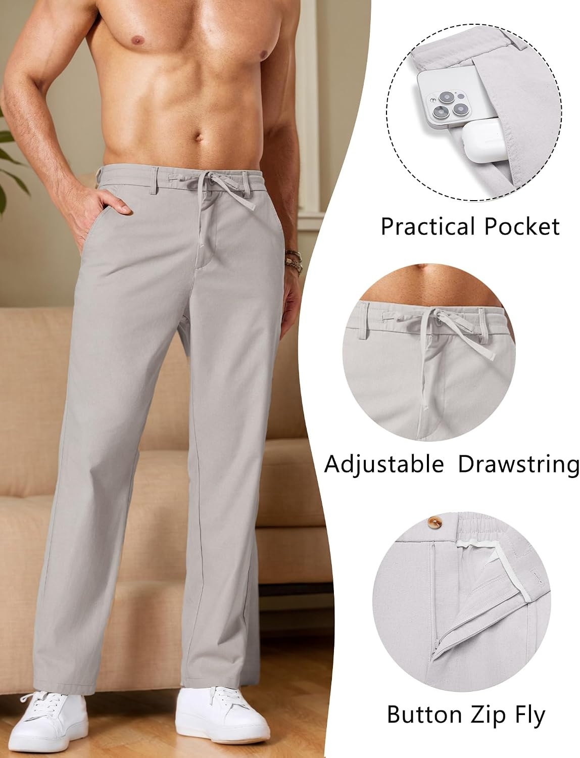 image:imageCOOFANDY Mens Cotton Linen Pants Relaxed Fit Casual Drawstring Dress Pants Beach Summer Lightweight TrousersLight Grey