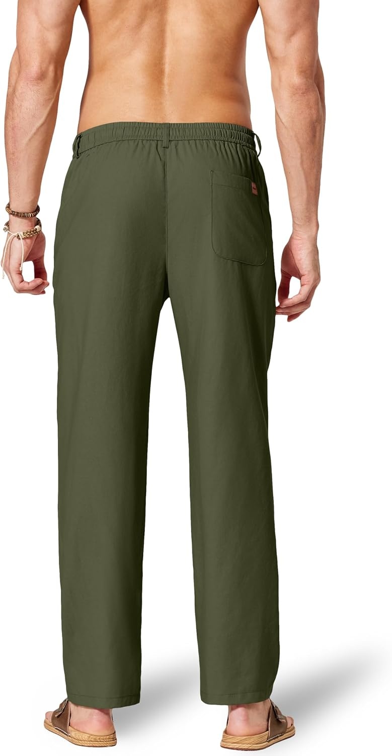 image:imageCOOFANDY Mens Cotton Linen Pants Relaxed Fit Casual Drawstring Dress Pants Beach Summer Lightweight TrousersOlive Green
