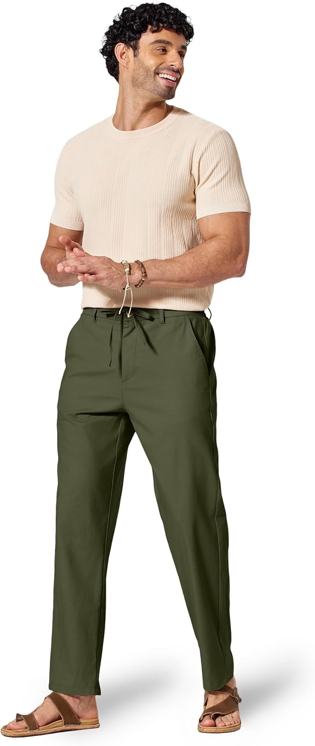 image:imageCOOFANDY Mens Cotton Linen Pants Relaxed Fit Casual Drawstring Dress Pants Beach Summer Lightweight TrousersOlive Green
