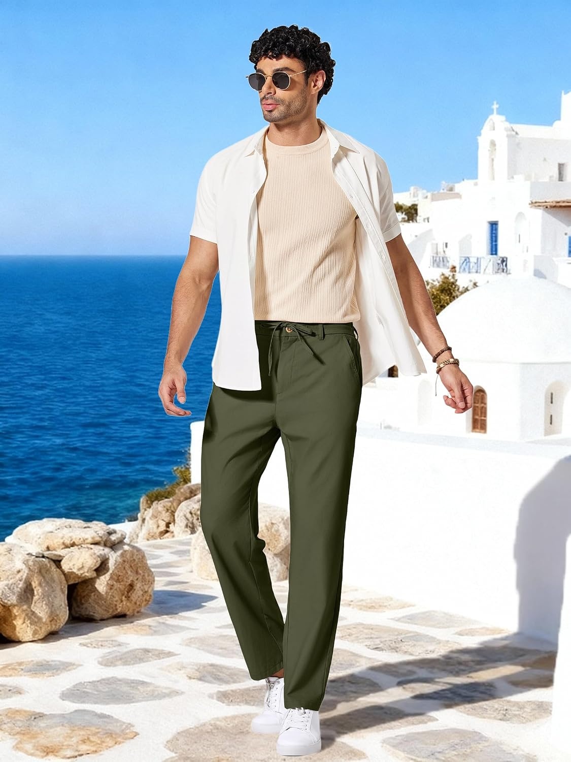 image:imageCOOFANDY Mens Cotton Linen Pants Relaxed Fit Casual Drawstring Dress Pants Beach Summer Lightweight TrousersOlive Green