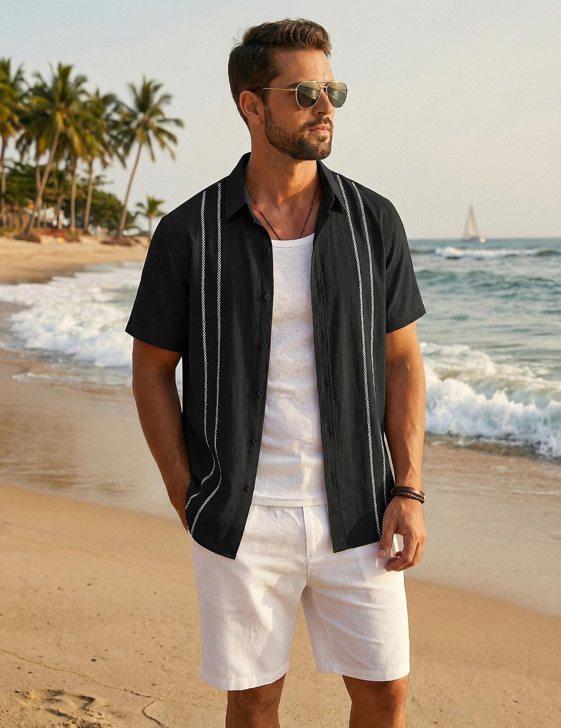image:imageCOOFANDY Mens Cuban Guayabera Shirts Button Down Short Sleeve Shirt Casual Linen Summer Beach ShirtsBlack
