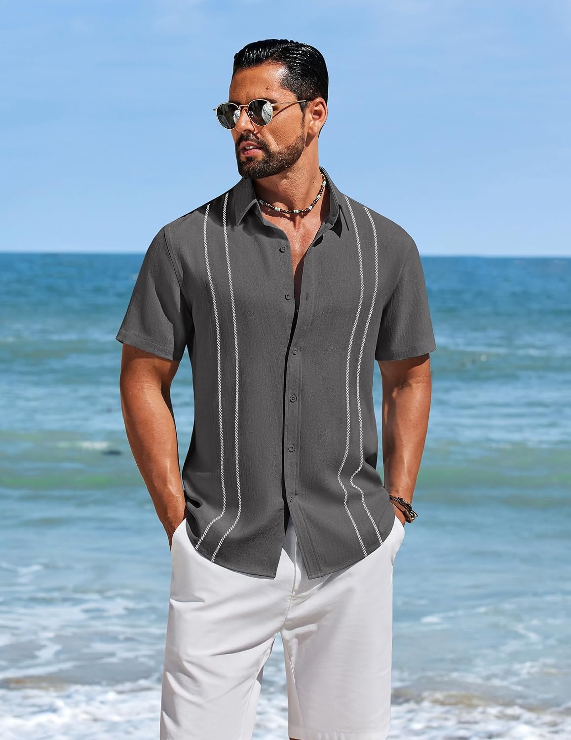 image:imageCOOFANDY Mens Cuban Guayabera Shirts Button Down Short Sleeve Shirt Casual Linen Summer Beach ShirtsDark Grey