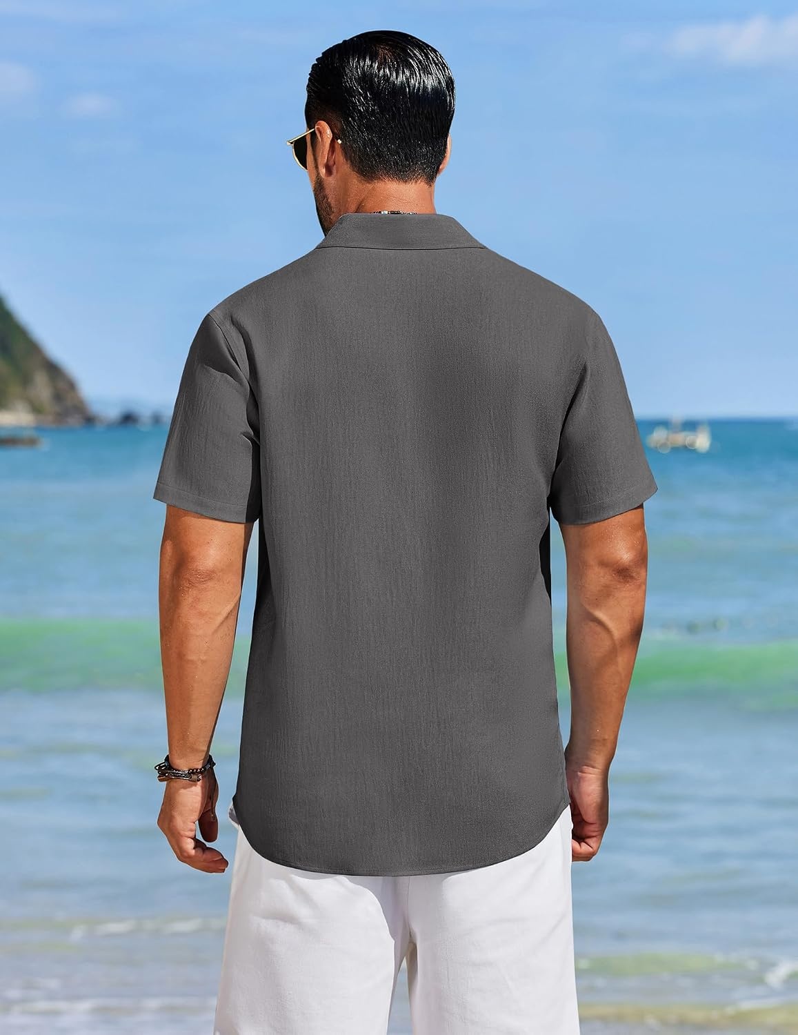 image:imageCOOFANDY Mens Cuban Guayabera Shirts Button Down Short Sleeve Shirt Casual Linen Summer Beach ShirtsDark Grey