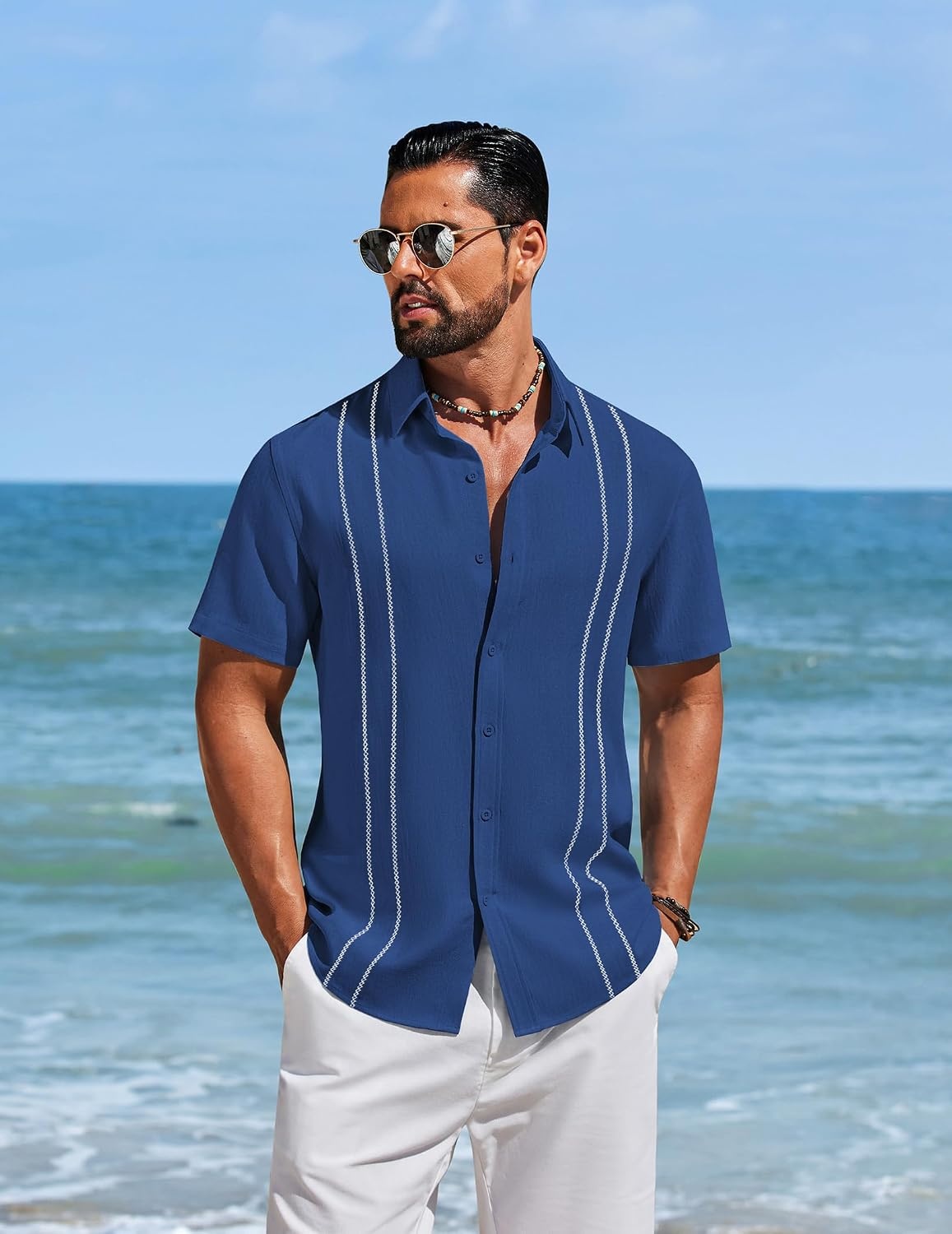 image:imageCOOFANDY Mens Cuban Guayabera Shirts Button Down Short Sleeve Shirt Casual Linen Summer Beach ShirtsRoyal Blue