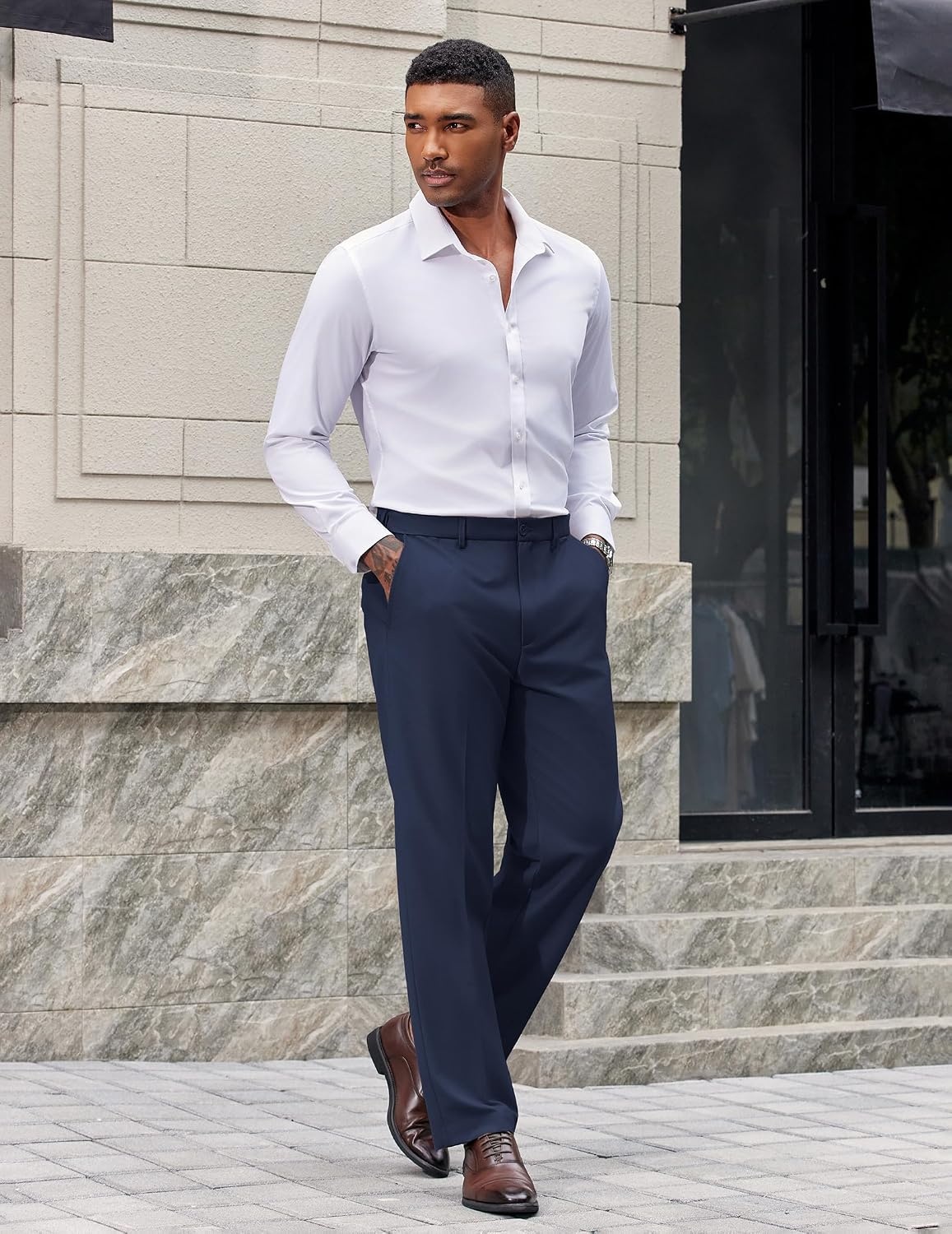 image:imageCOOFANDY Mens Dress Pants Classic Fit Flat Front Suit Pants Expandable Waist Straight Dress SlacksNavy Blue
