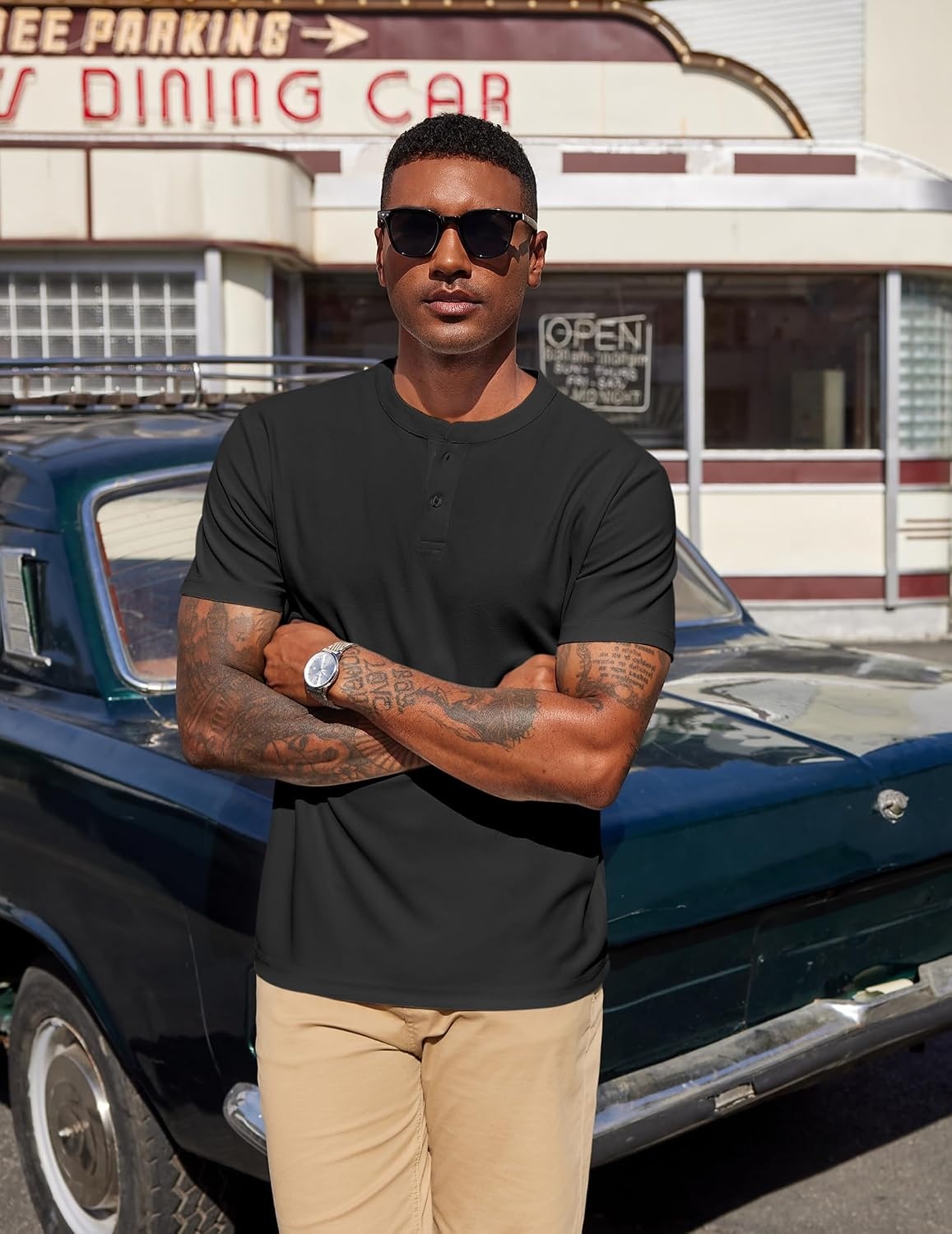 image:imageCOOFANDY Mens Henley Shirts Short Sleeve Texture Casual Button Henley Summer Classic Basic Tee Shirts01black