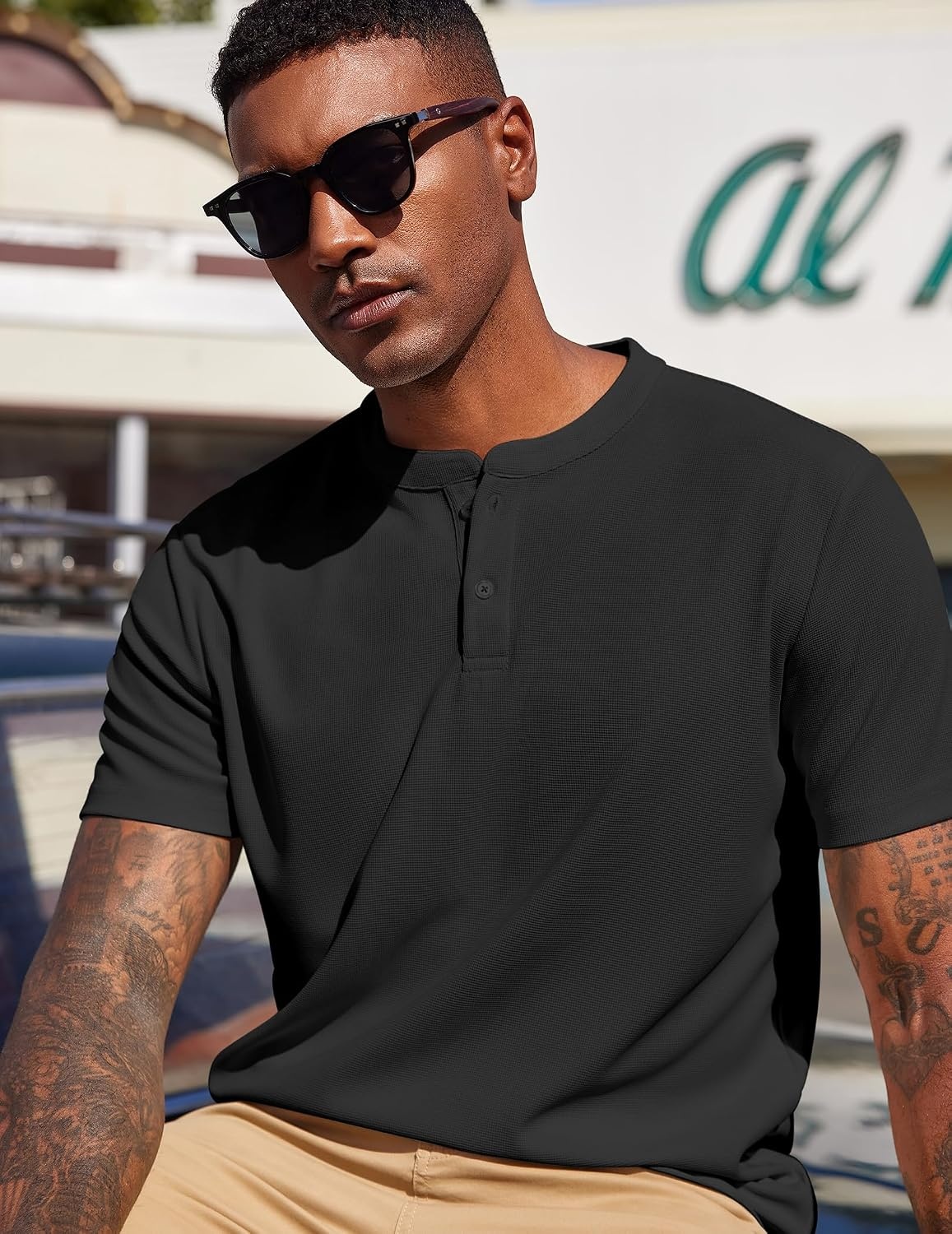 image:imageCOOFANDY Mens Henley Shirts Short Sleeve Texture Casual Button Henley Summer Classic Basic Tee Shirts01black