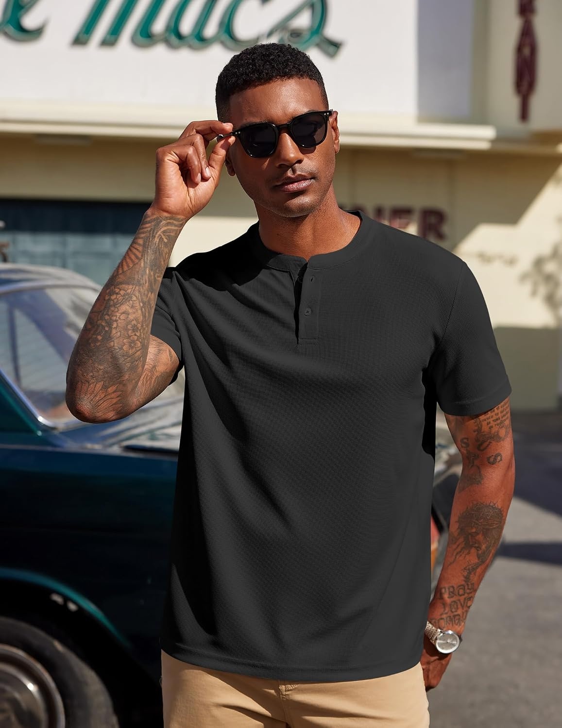 image:imageCOOFANDY Mens Henley Shirts Short Sleeve Texture Casual Button Henley Summer Classic Basic Tee Shirts01black