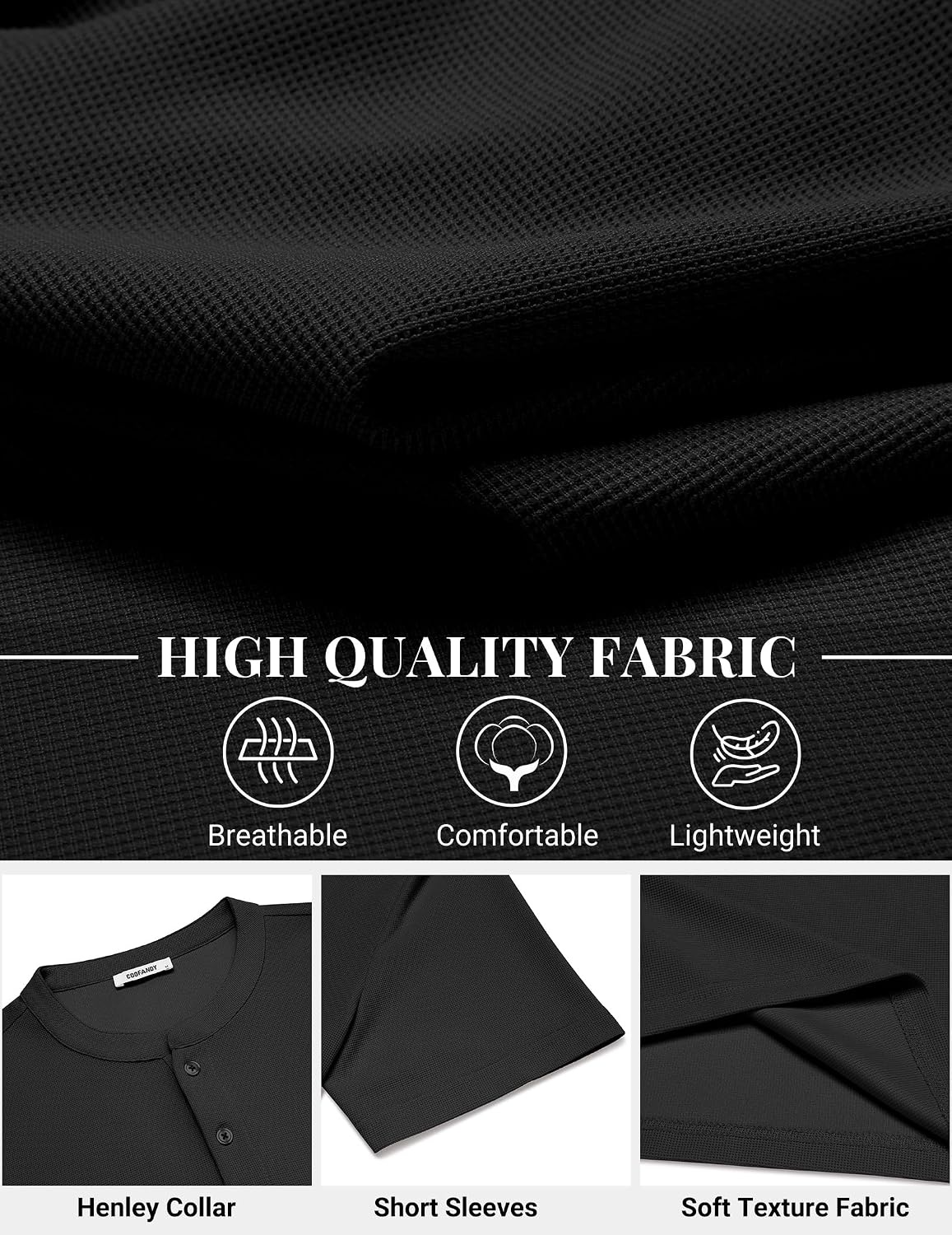 image:imageCOOFANDY Mens Henley Shirts Short Sleeve Texture Casual Button Henley Summer Classic Basic Tee Shirts01black