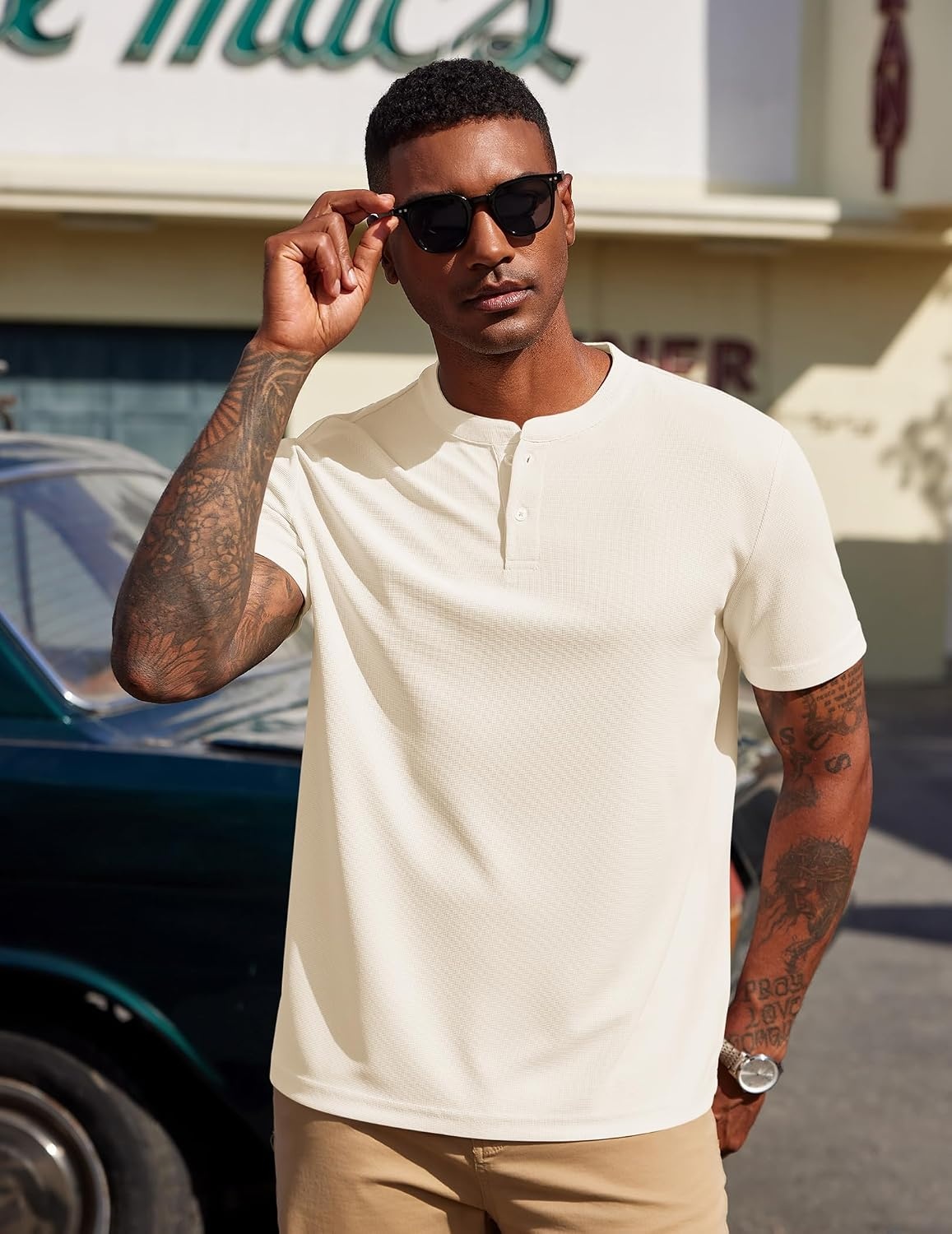 image:imageCOOFANDY Mens Henley Shirts Short Sleeve Texture Casual Button Henley Summer Classic Basic Tee ShirtsBeige