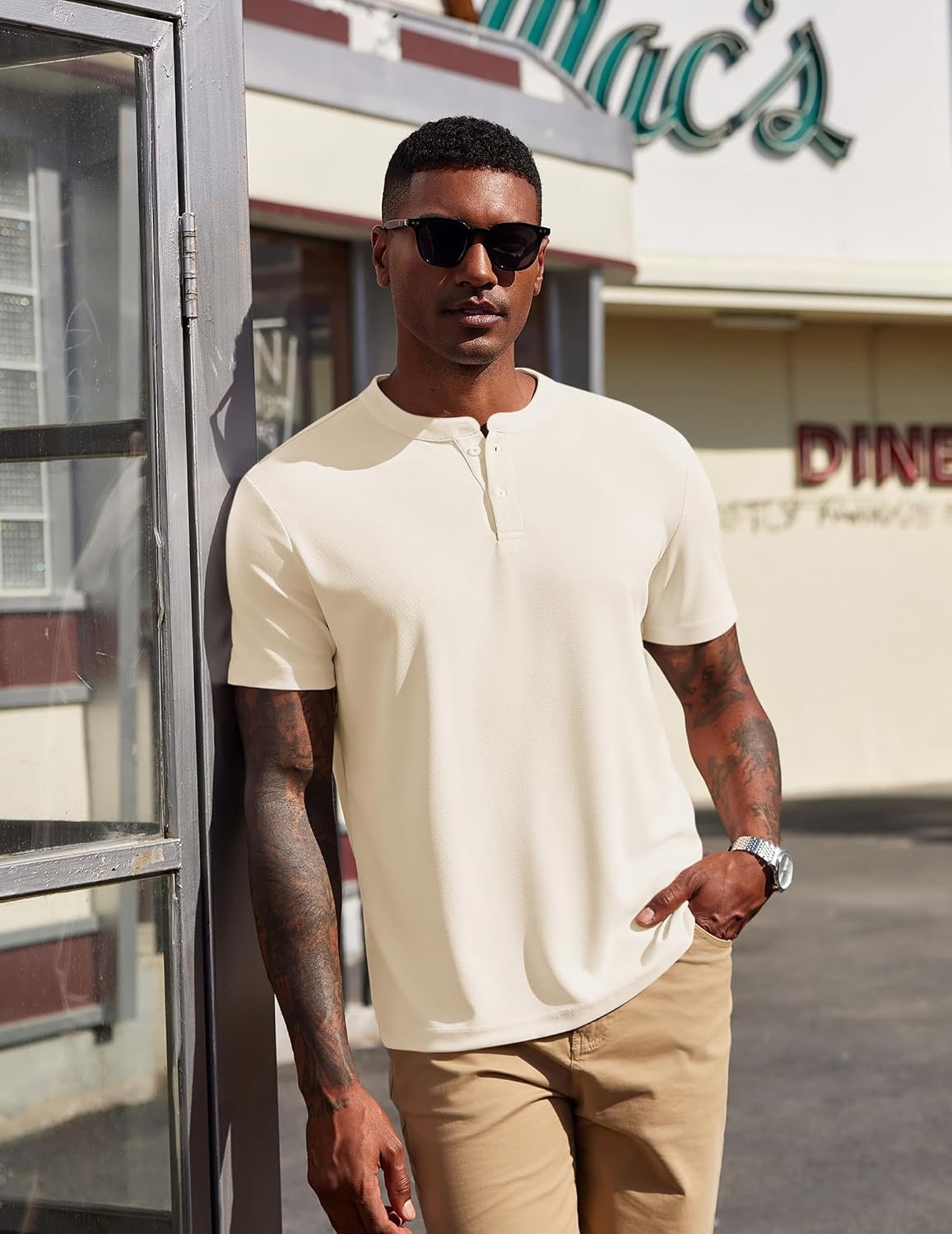 image:imageCOOFANDY Mens Henley Shirts Short Sleeve Texture Casual Button Henley Summer Classic Basic Tee ShirtsBeige