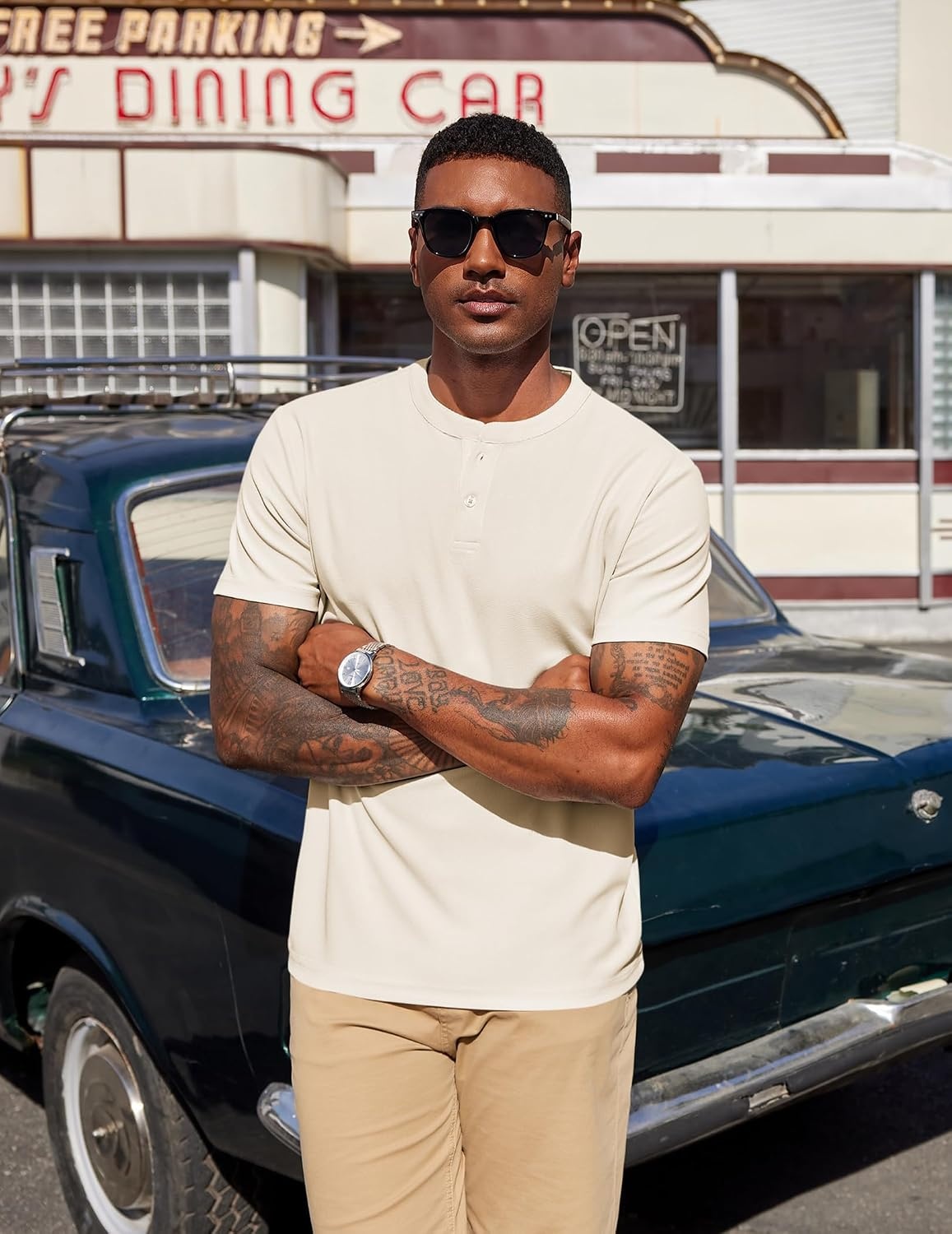 image:imageCOOFANDY Mens Henley Shirts Short Sleeve Texture Casual Button Henley Summer Classic Basic Tee ShirtsBeige