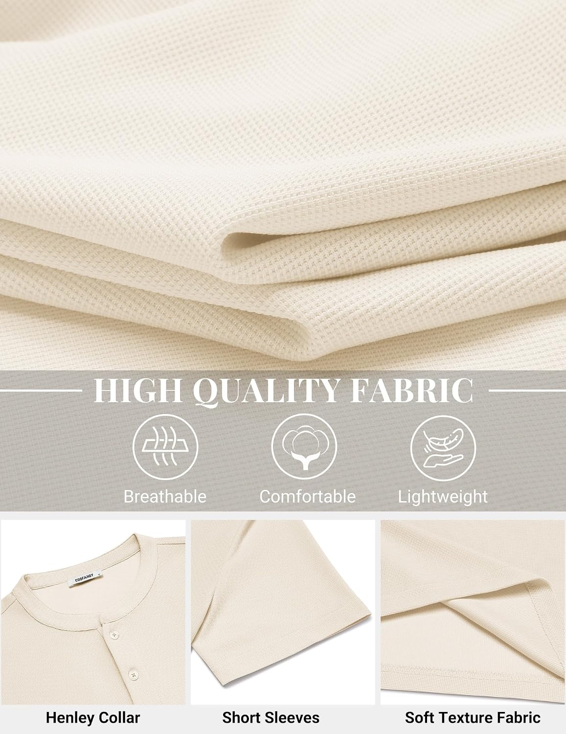 image:imageCOOFANDY Mens Henley Shirts Short Sleeve Texture Casual Button Henley Summer Classic Basic Tee ShirtsBeige