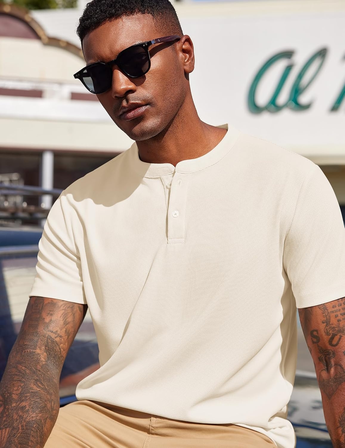 image:imageCOOFANDY Mens Henley Shirts Short Sleeve Texture Casual Button Henley Summer Classic Basic Tee ShirtsBeige