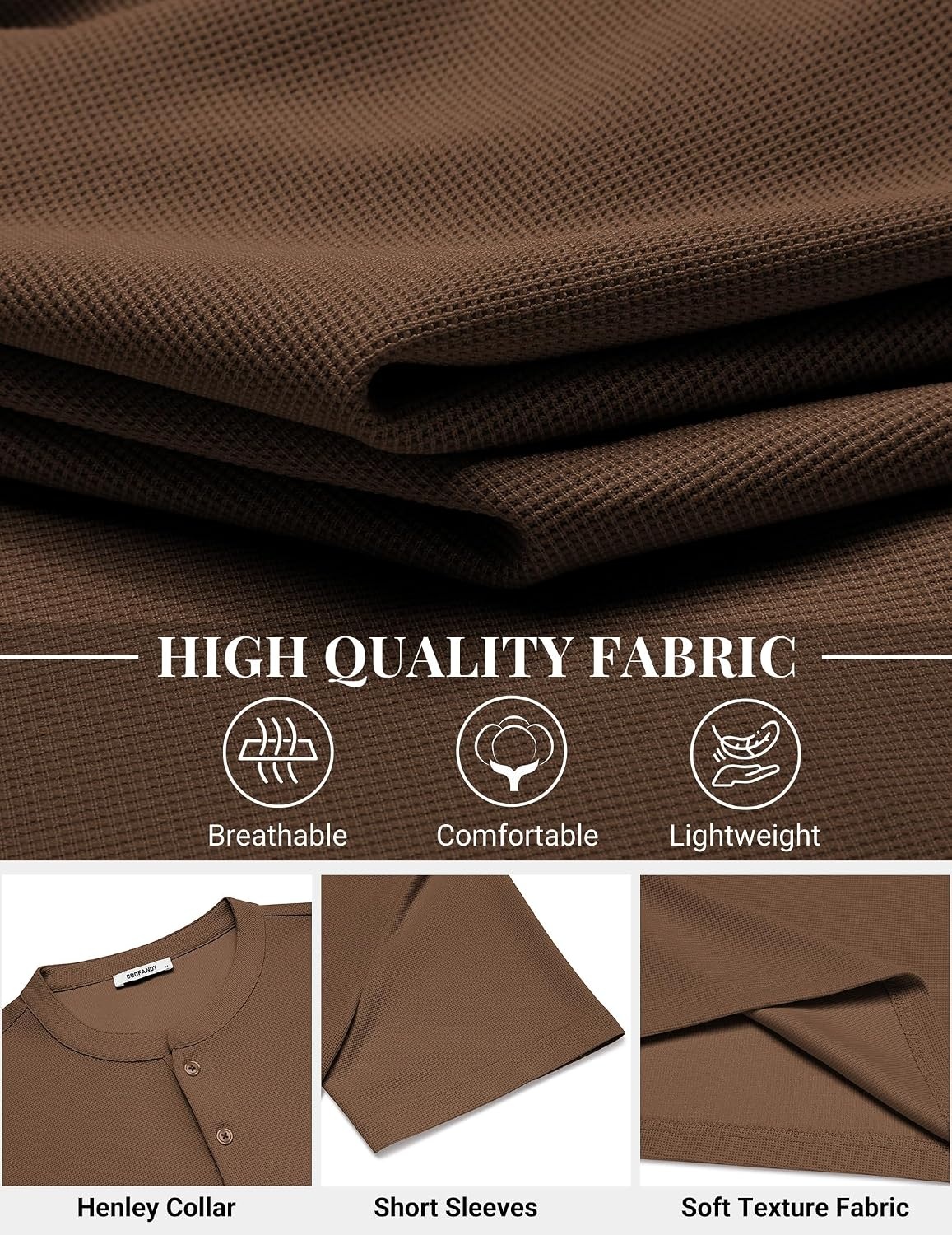 image:imageCOOFANDY Mens Henley Shirts Short Sleeve Texture Casual Button Henley Summer Classic Basic Tee ShirtsBrowm